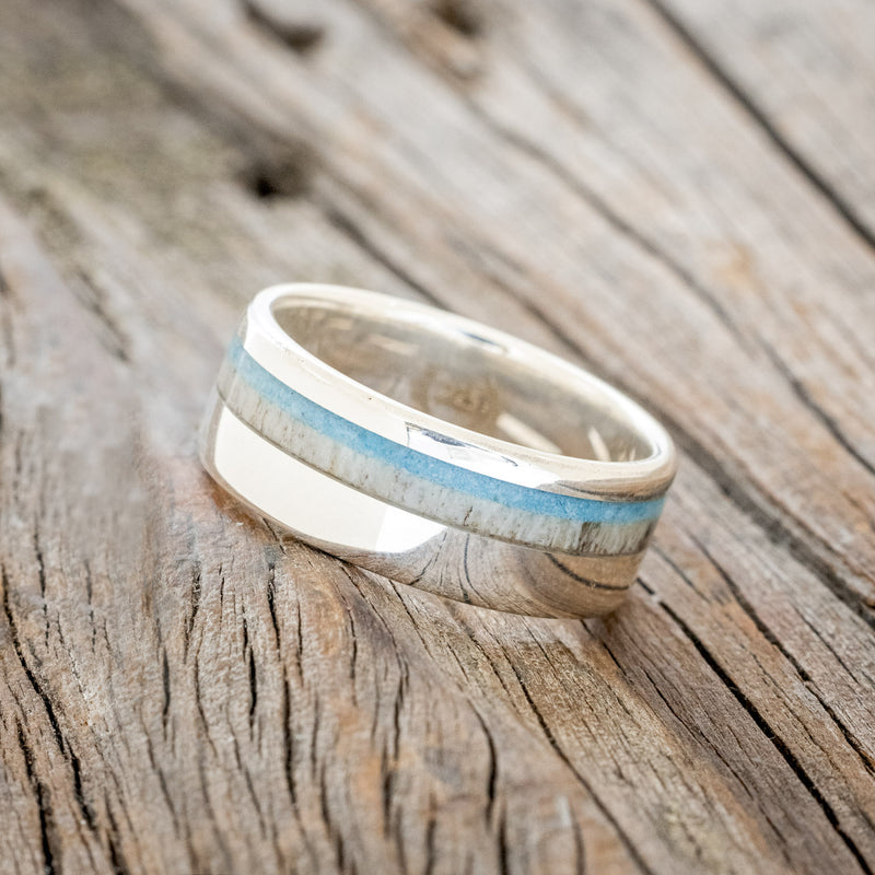 "CASTOR" - ELK ANTLER & TURQUOISE WEDDING RING FEATURING A DAMASCUS STEEL BAND
