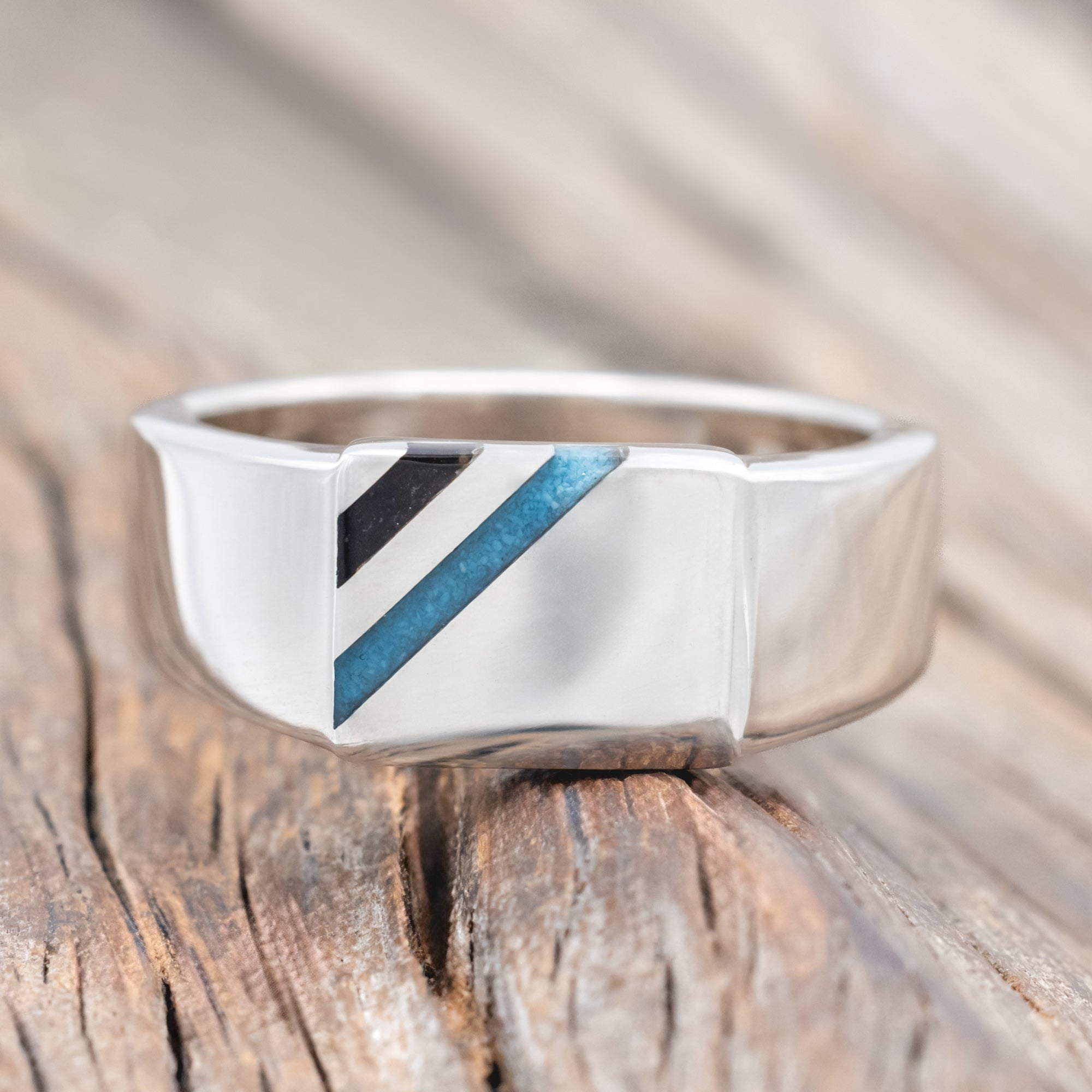 "COLTER" - FLAT TOP WEDDING RING FEATURING DIAGONAL ONYX & TURQUOISE INLAYS-Staghead Designs