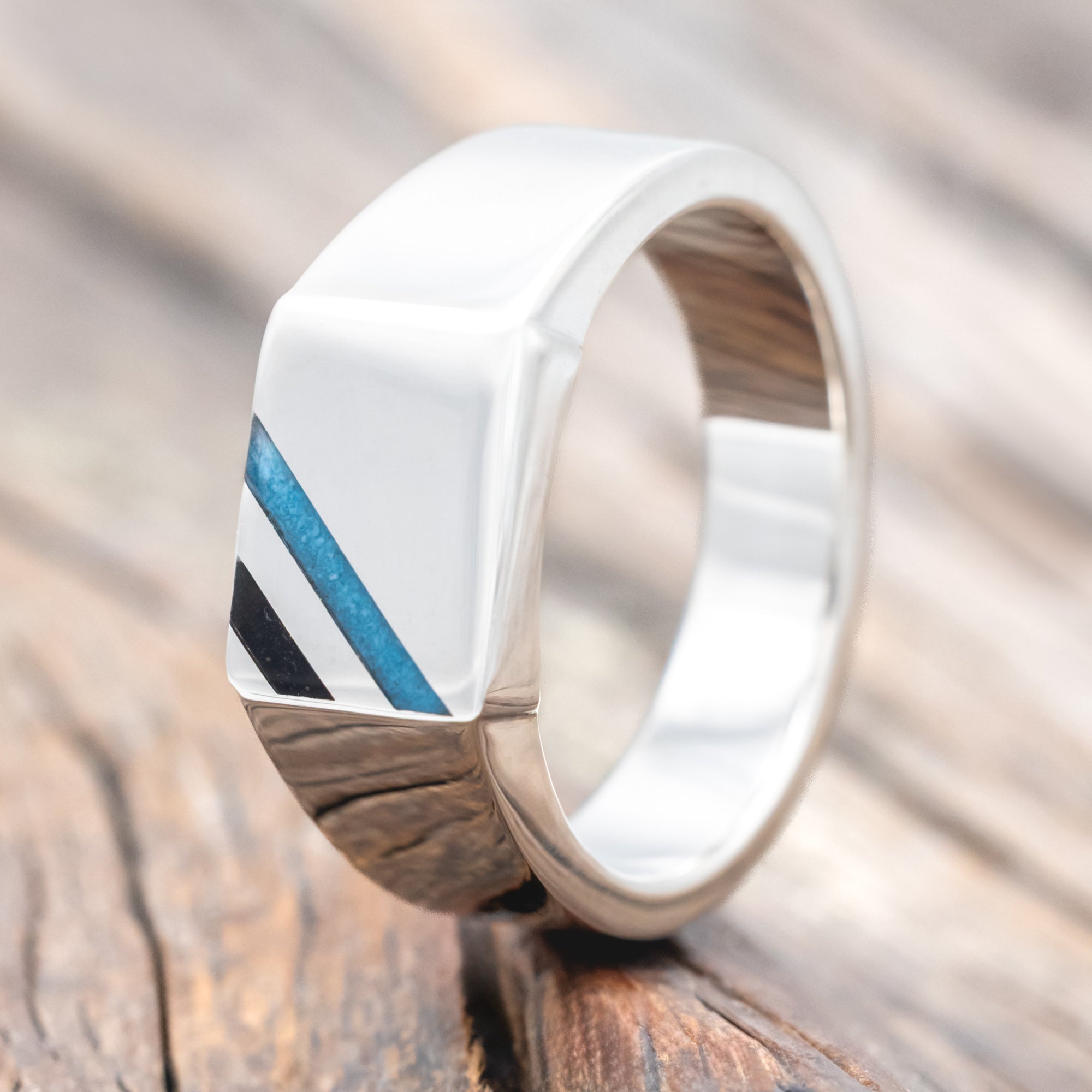 "COLTER" - FLAT TOP WEDDING RING FEATURING DIAGONAL ONYX & TURQUOISE INLAYS-Staghead Designs