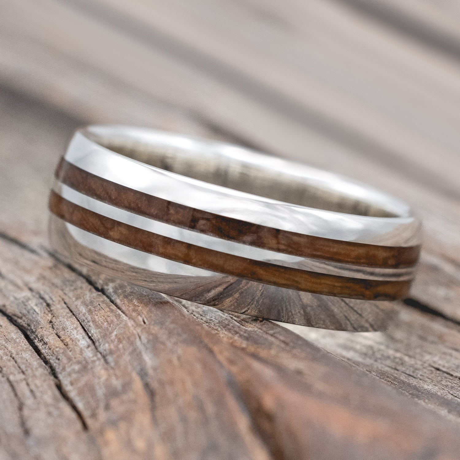 "Cosmo" - Domed Whiskey Barrel Oak Wedding Ring-Staghead Designs