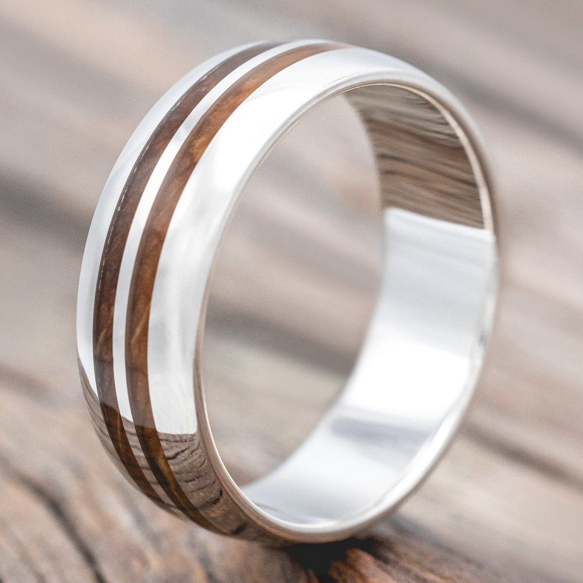 "Cosmo" - Domed Whiskey Barrel Oak Wedding Ring-Staghead Designs