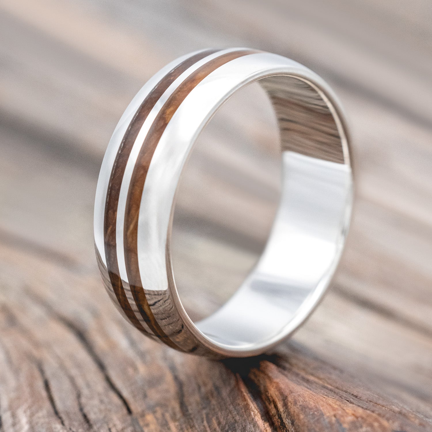 "Cosmo" - Domed Whiskey Barrel Oak Wedding Ring-Staghead Designs