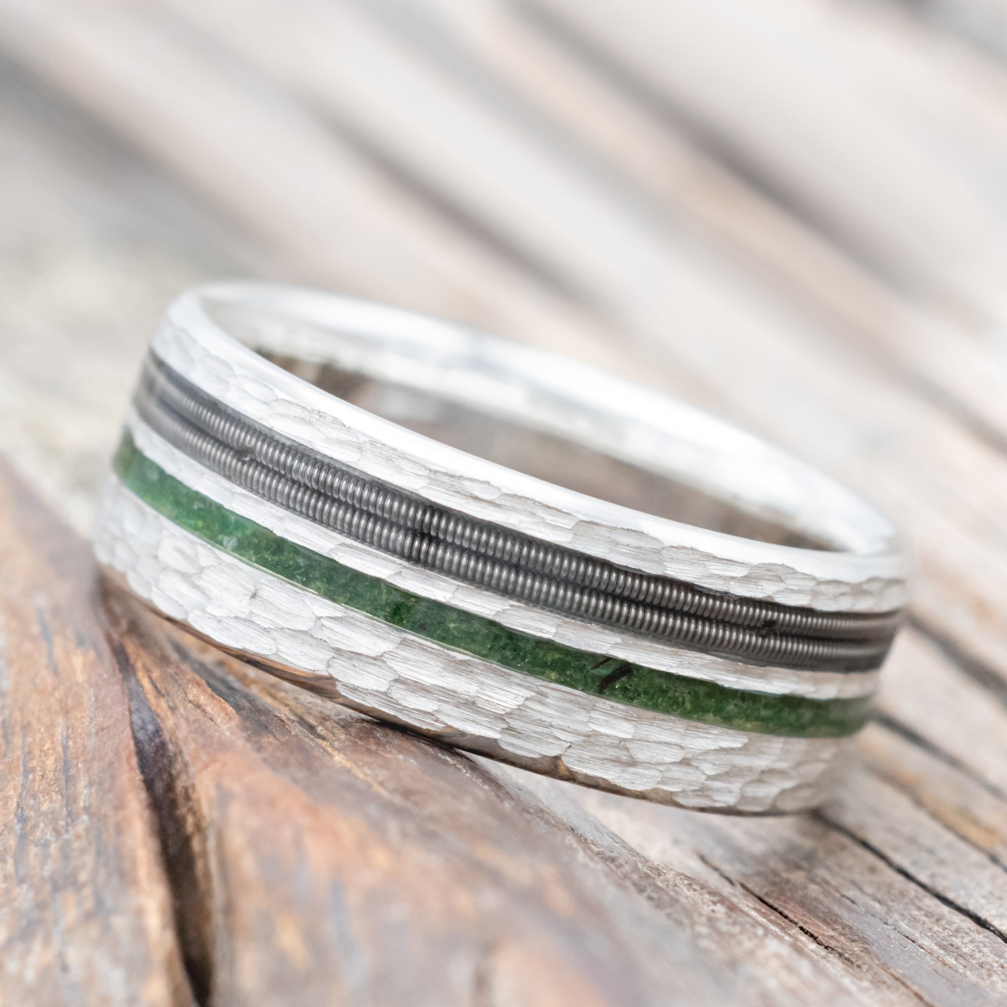 "COSMO" - MOSS & GUITAR STRING WEDDING RING FEATURING A HAMMERED FINISH-Staghead Designs