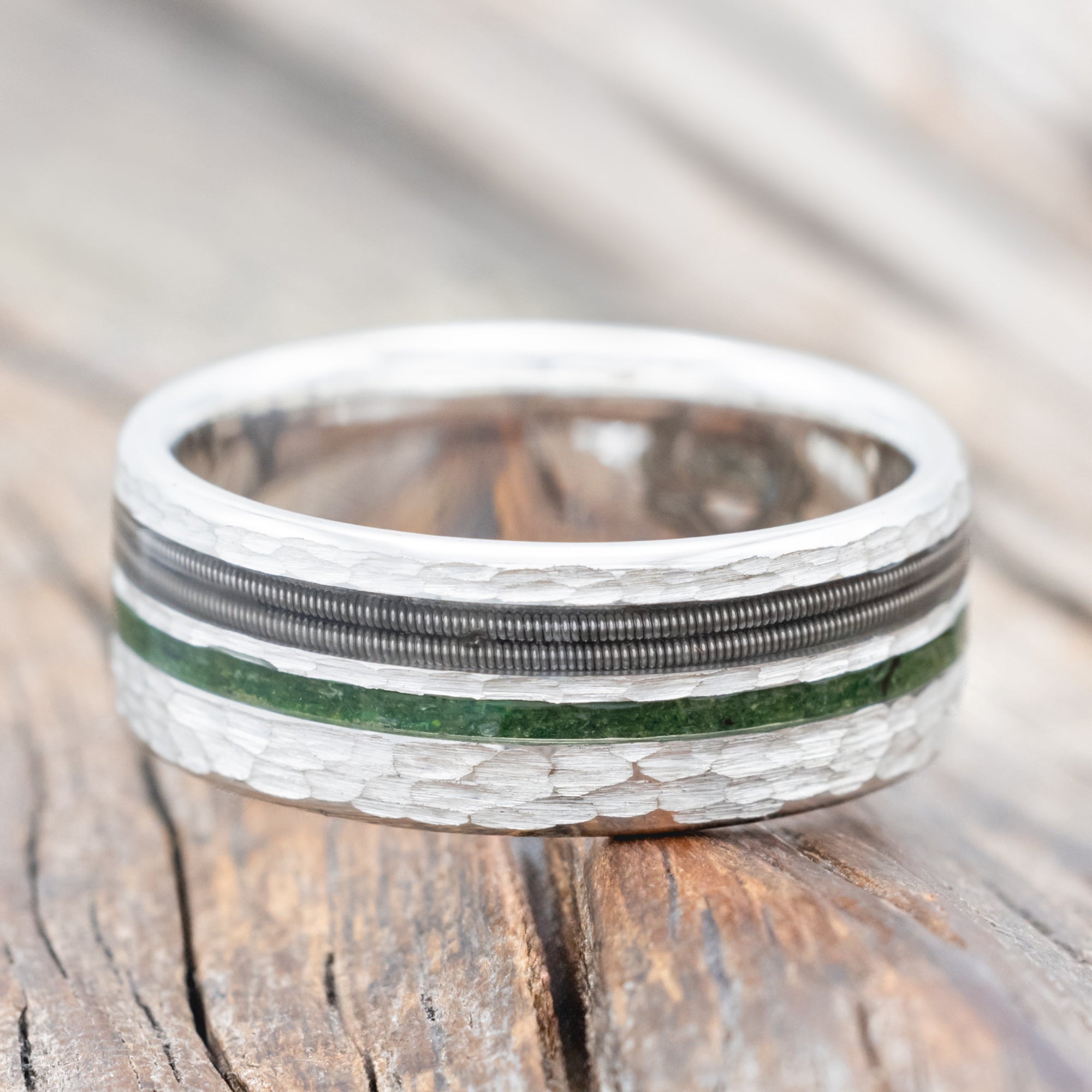 "COSMO" - MOSS & GUITAR STRING WEDDING RING FEATURING A HAMMERED FINISH-Staghead Designs