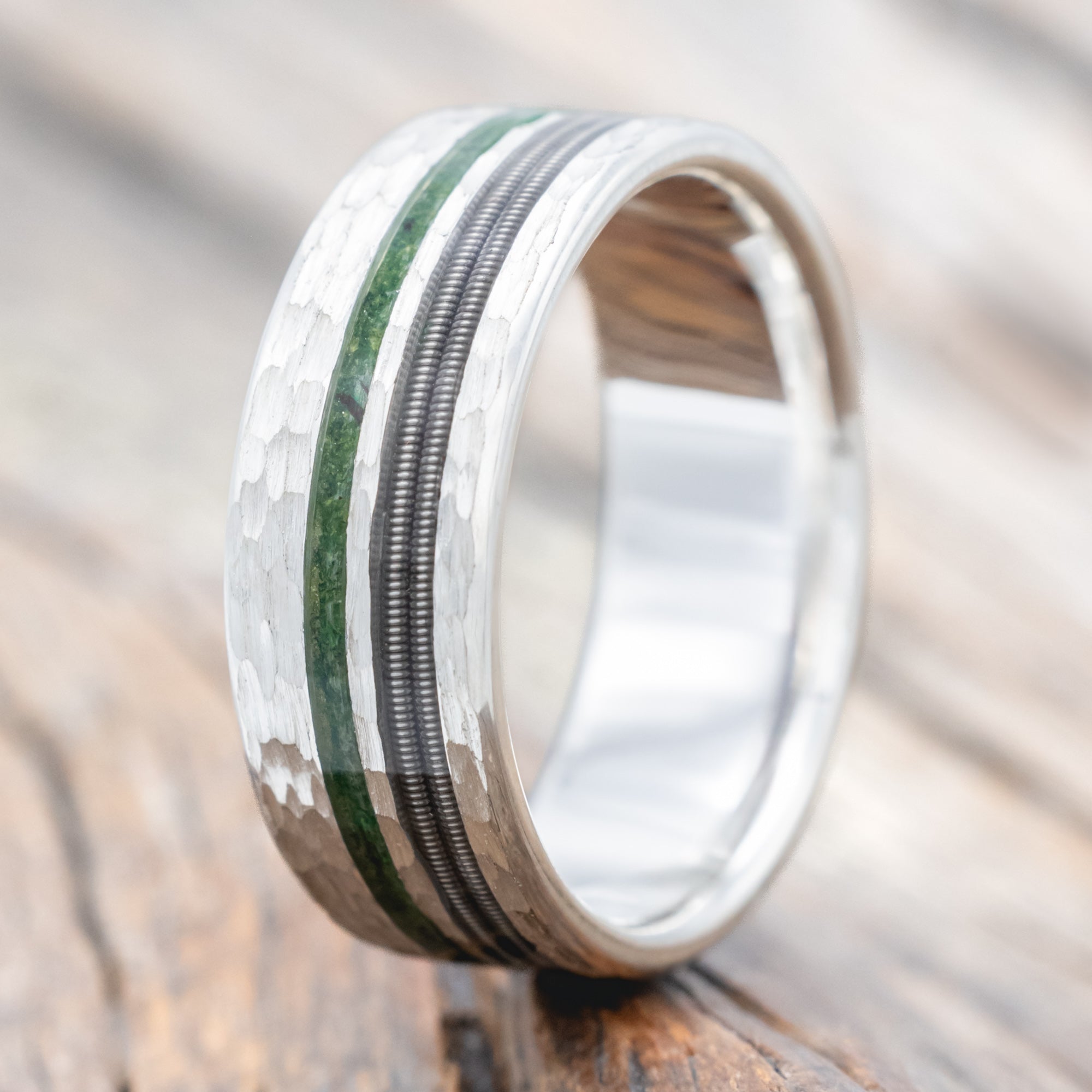 "COSMO" - MOSS & GUITAR STRING WEDDING RING FEATURING A HAMMERED FINISH-Staghead Designs