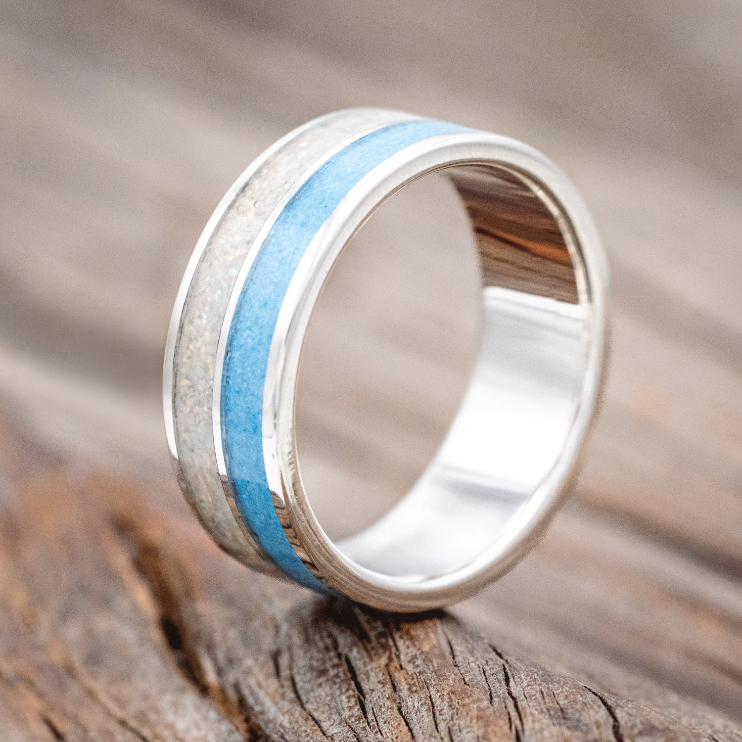 "DYAD" - FIRE AND ICE OPAL & TURQUOISE WEDDING BAND-Staghead Designs