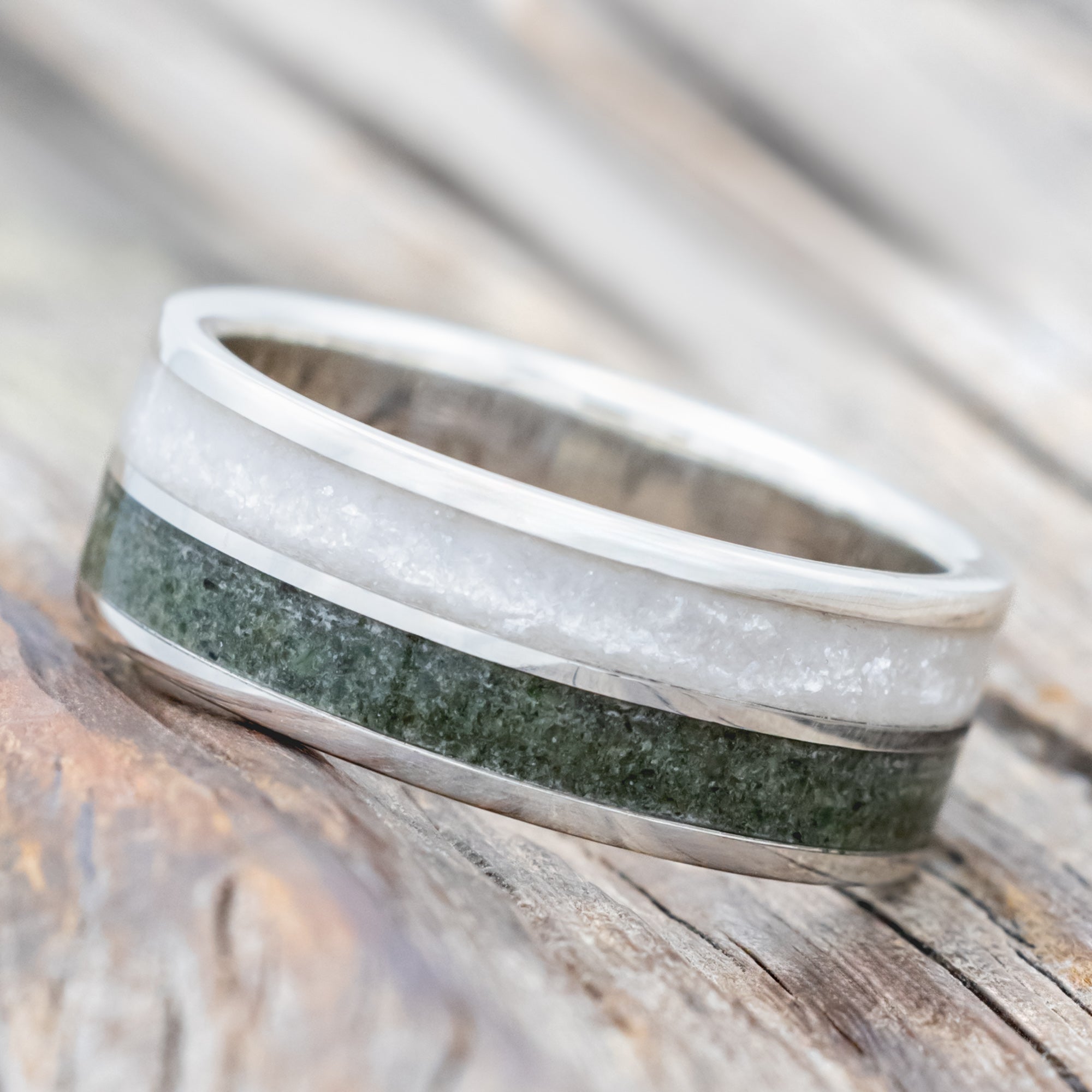 "DYAD" - MOSS AGATE & DIAMOND DUST WEDDING BAND-Staghead Designs