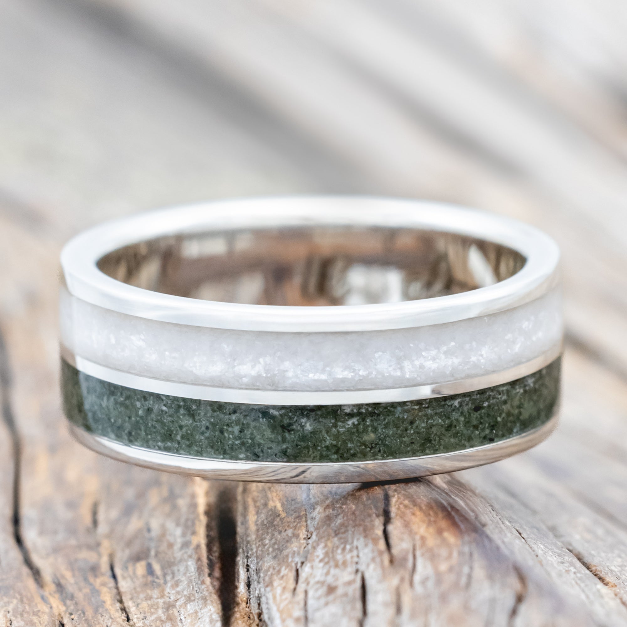 "DYAD" - MOSS AGATE & DIAMOND DUST WEDDING BAND-Staghead Designs