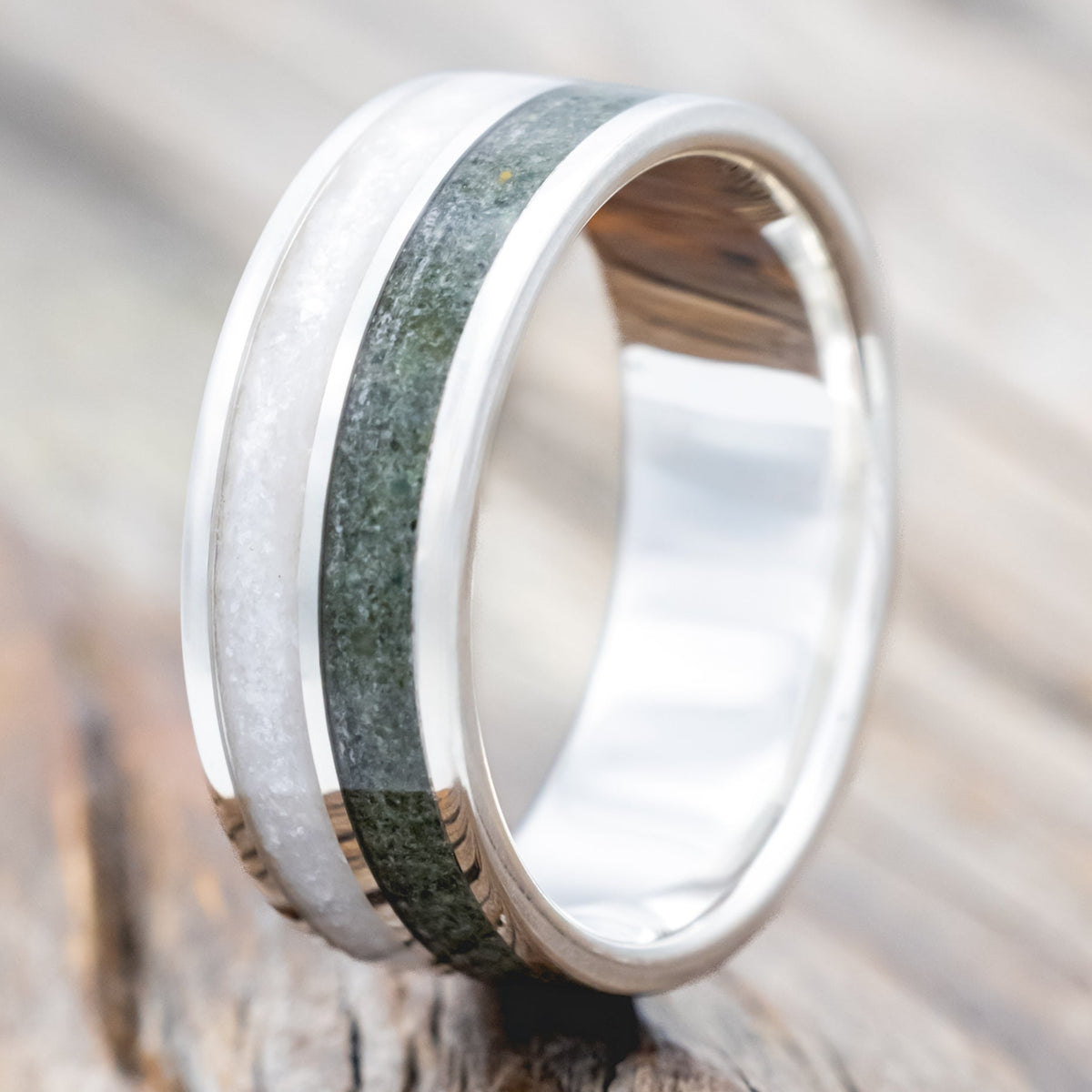 "DYAD" - MOSS AGATE & DIAMOND DUST WEDDING BAND-Staghead Designs