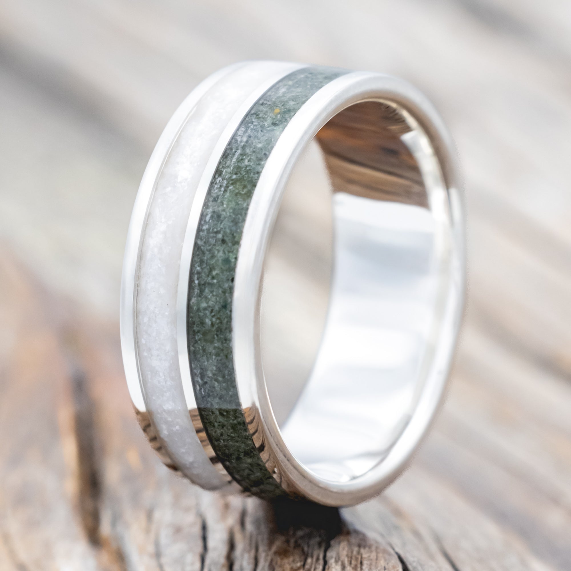 "DYAD" - MOSS AGATE & DIAMOND DUST WEDDING BAND-Staghead Designs