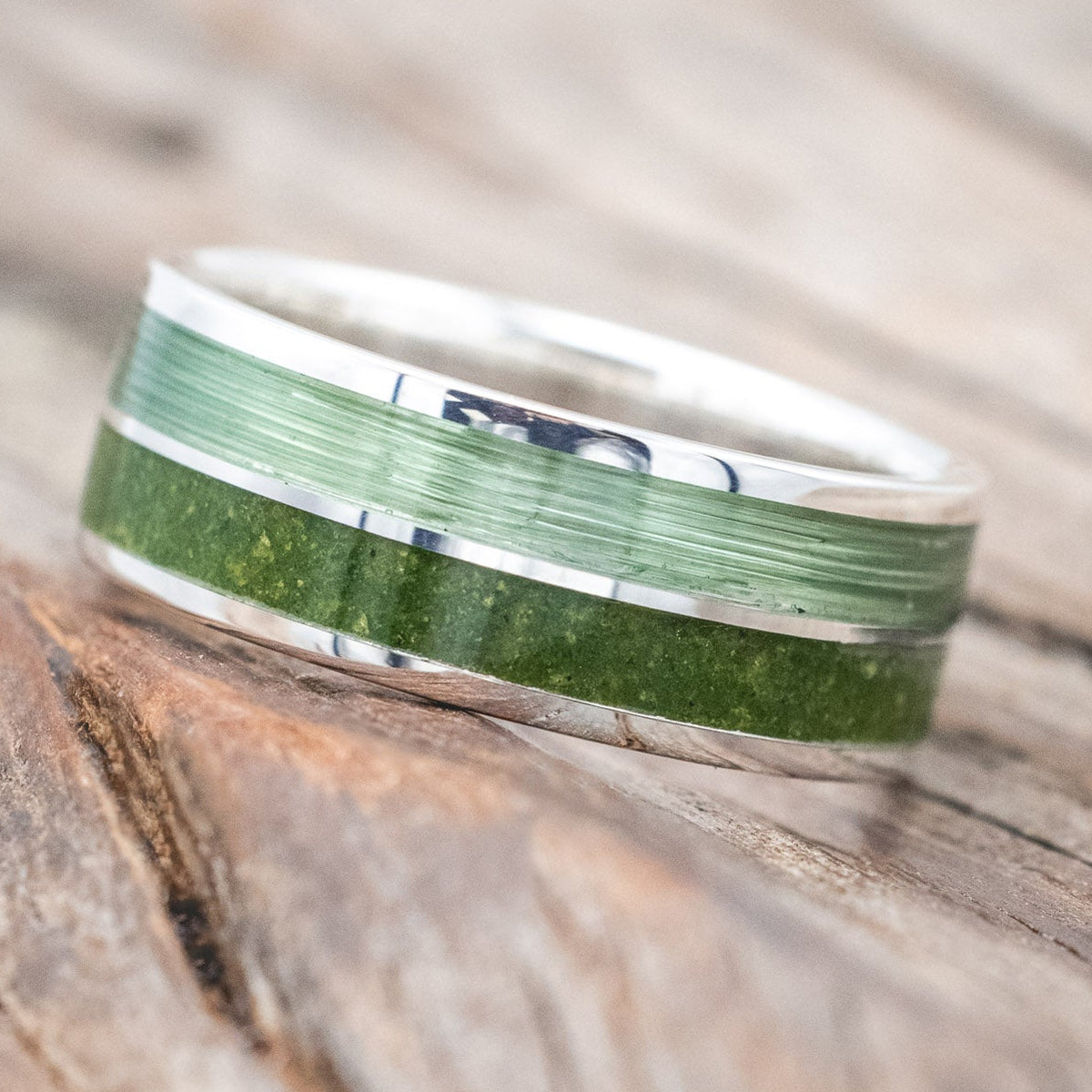 "DYAD" - MOSS & FISHING LINE WEDDING BAND-Staghead Designs