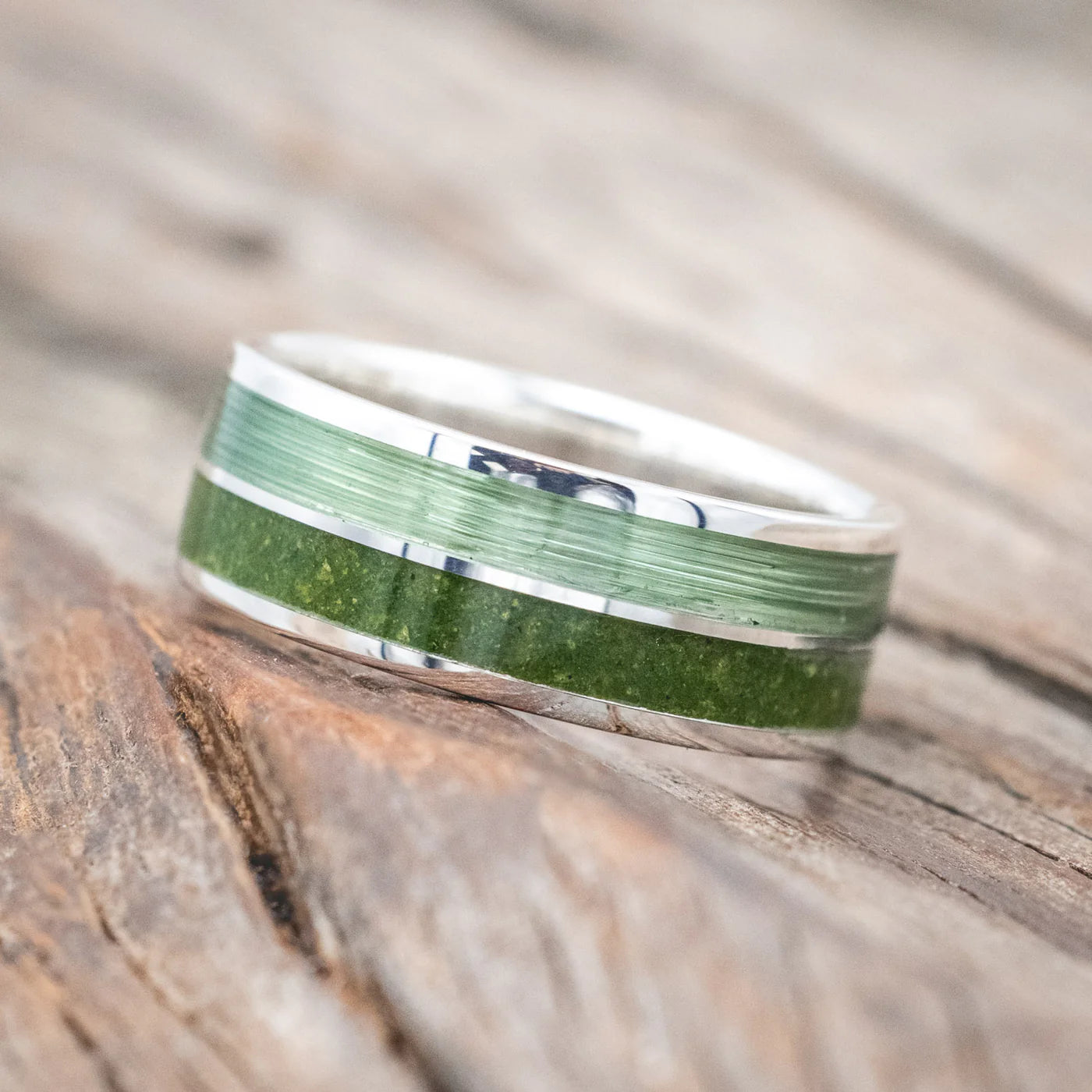"DYAD" - MOSS & FISHING LINE WEDDING BAND - SILVER - SIZE 10-Staghead Designs