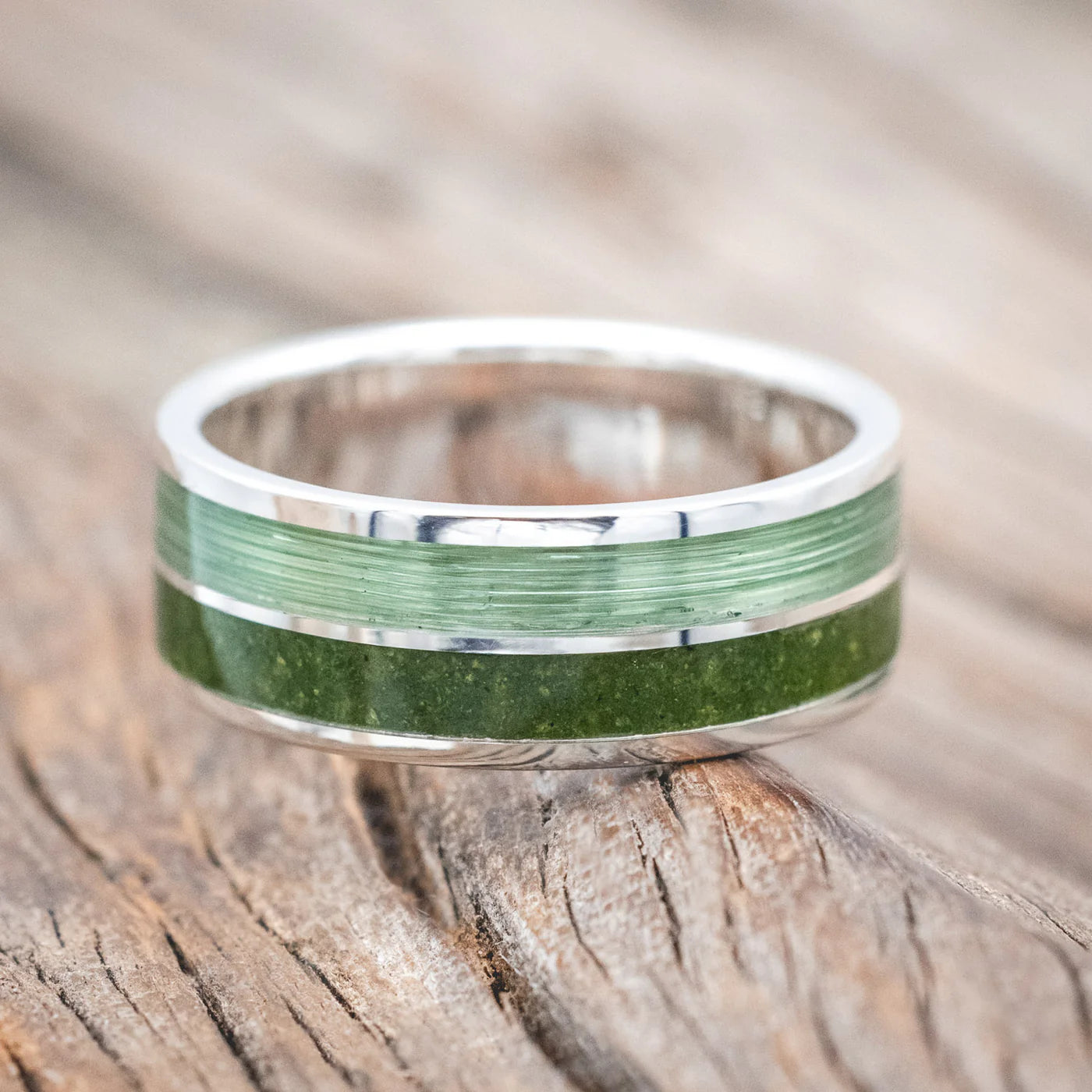 "DYAD" - MOSS & FISHING LINE WEDDING BAND - SILVER - SIZE 10-Staghead Designs
