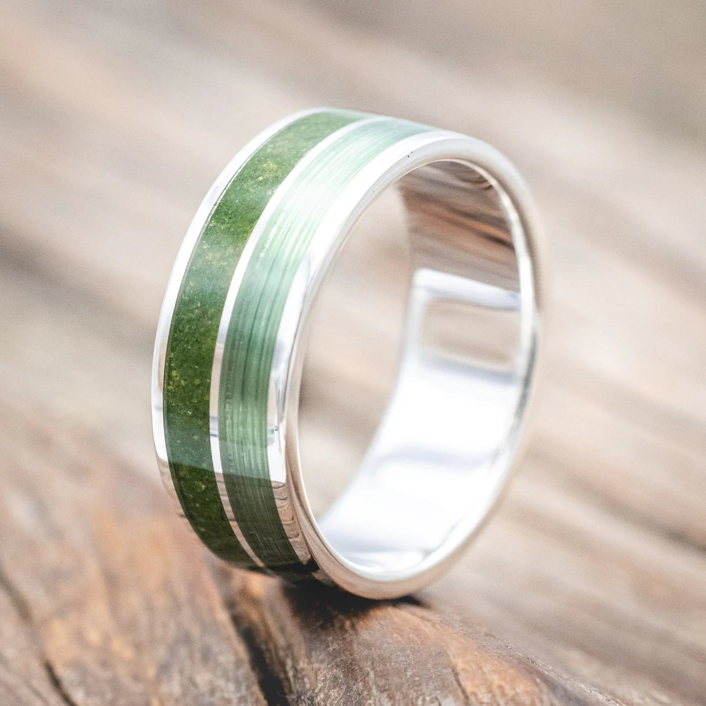 "DYAD" - MOSS & FISHING LINE WEDDING BAND - SILVER - SIZE 10-Staghead Designs