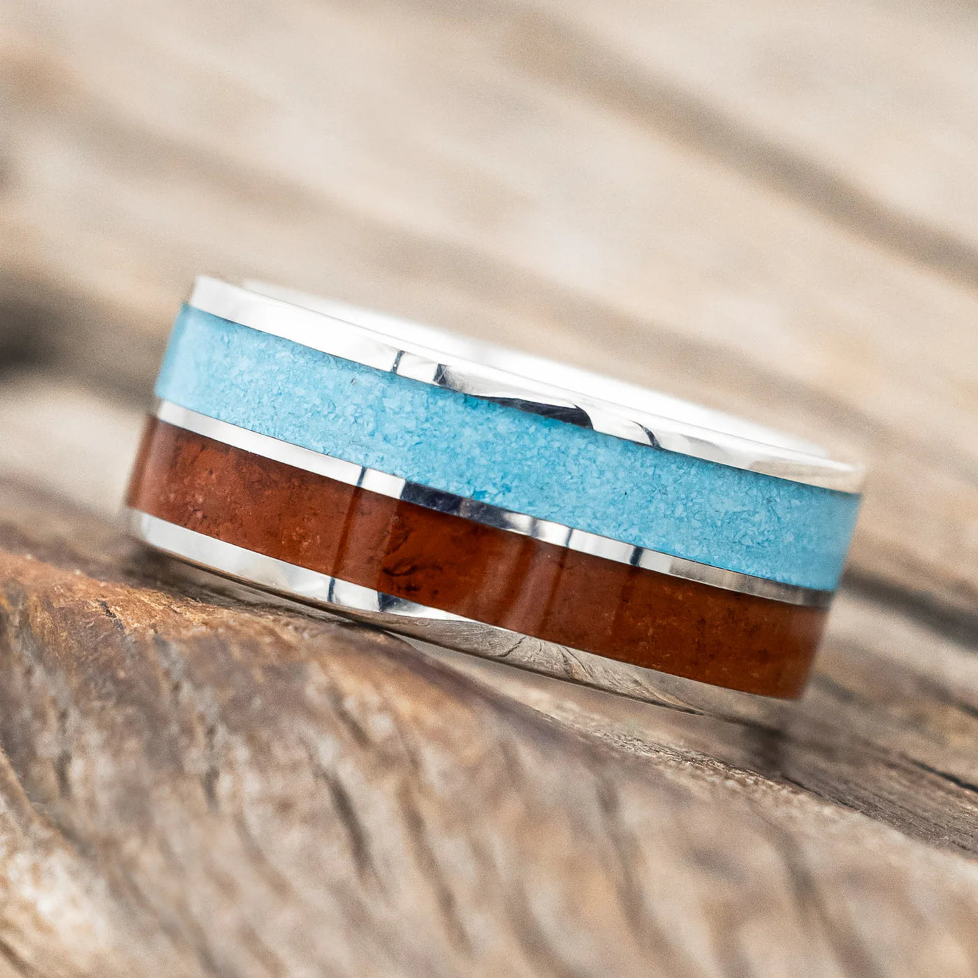 "DYAD" - RED JASPER & TURQUOISE WEDDING BAND - SILVER - SIZE 7-Staghead Designs