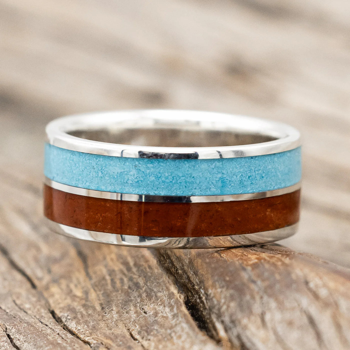 "DYAD" - RED JASPER & TURQUOISE WEDDING BAND - SILVER - SIZE 7-Staghead Designs