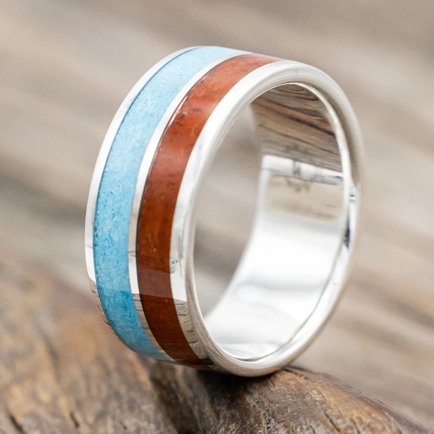 "DYAD" - RED JASPER & TURQUOISE WEDDING BAND - SILVER - SIZE 7-Staghead Designs