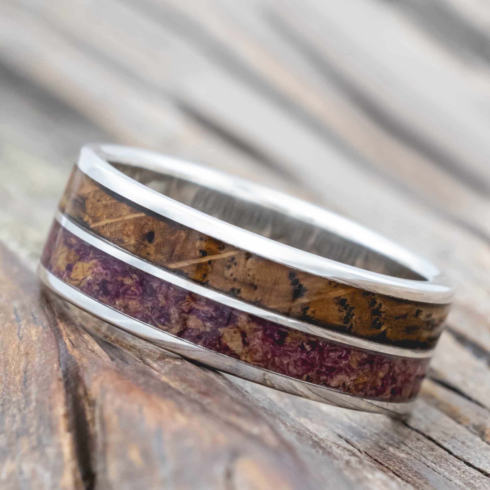 "Dyad" - Tattoo Ink, Rose Petals & Whiskey Barrel Oak Wedding Band-Staghead Designs