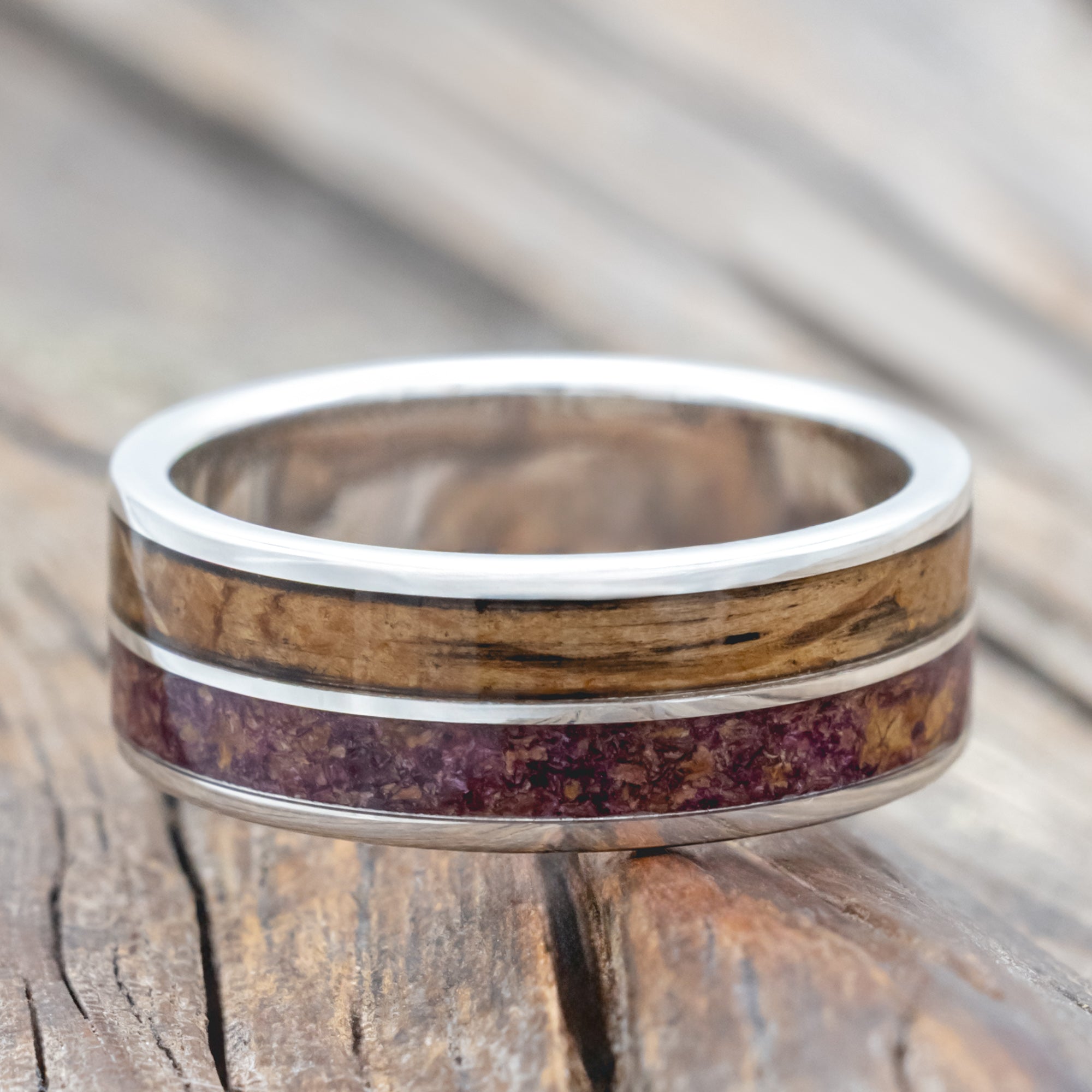 "Dyad" - Tattoo Ink, Rose Petals & Whiskey Barrel Oak Wedding Band-Staghead Designs
