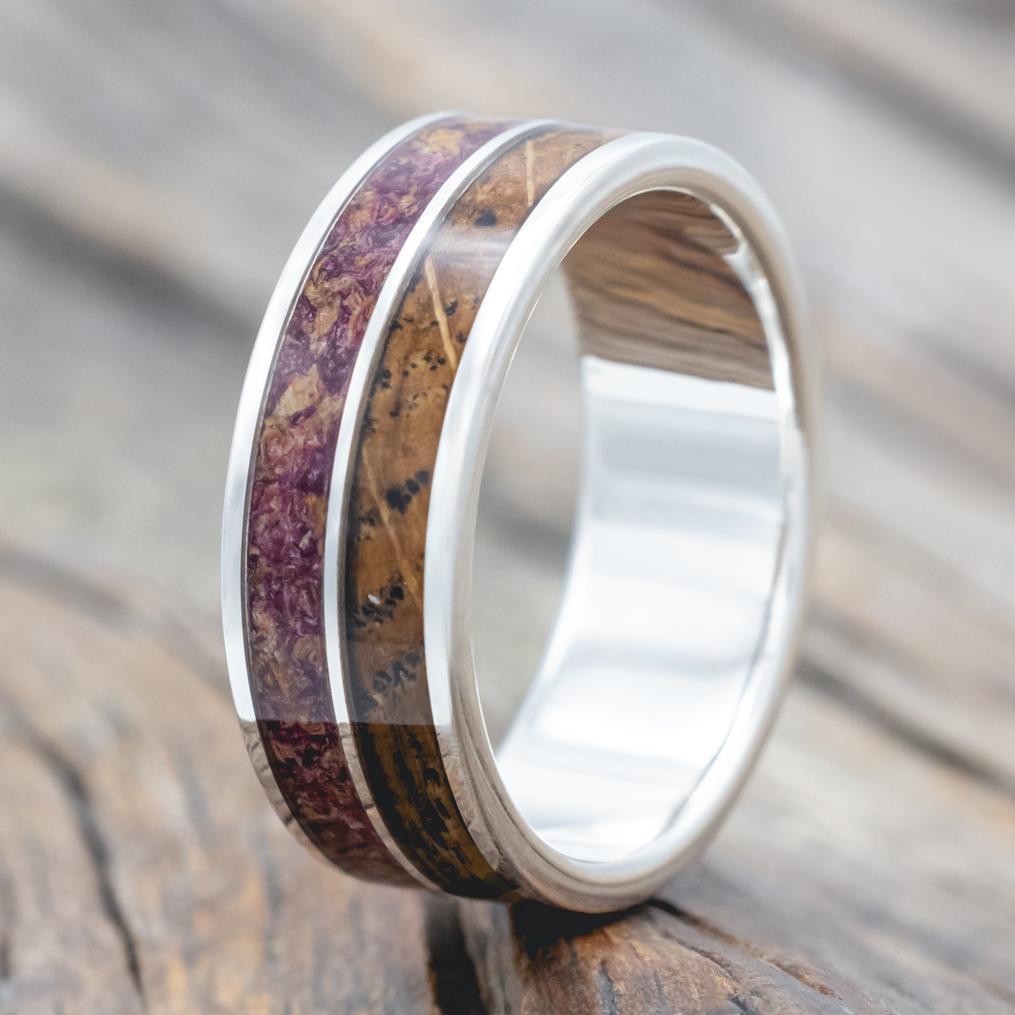 "Dyad" - Tattoo Ink, Rose Petals & Whiskey Barrel Oak Wedding Band-Staghead Designs