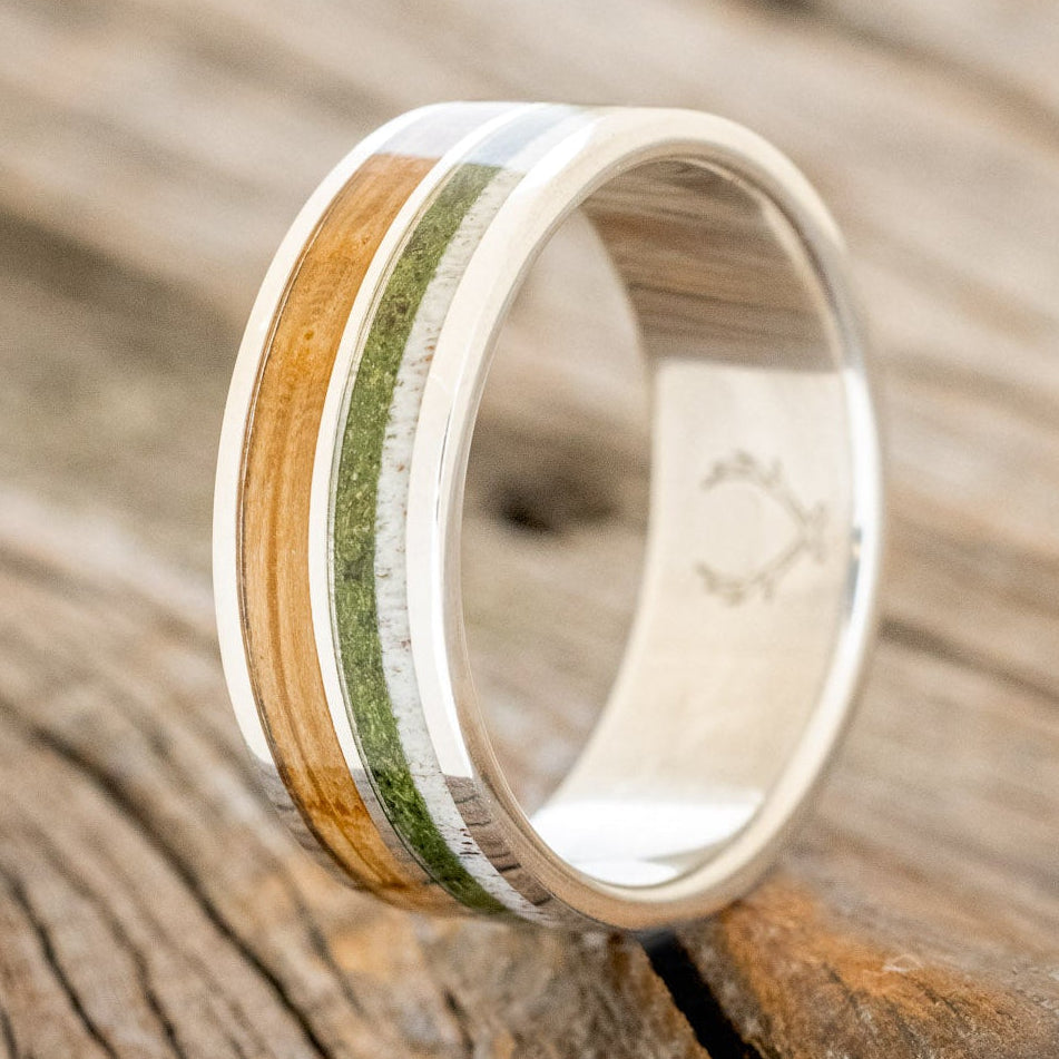"Dyad" - Moss, Antler & Whiskey Barrel Oak Wedding Band-Staghead Designs
