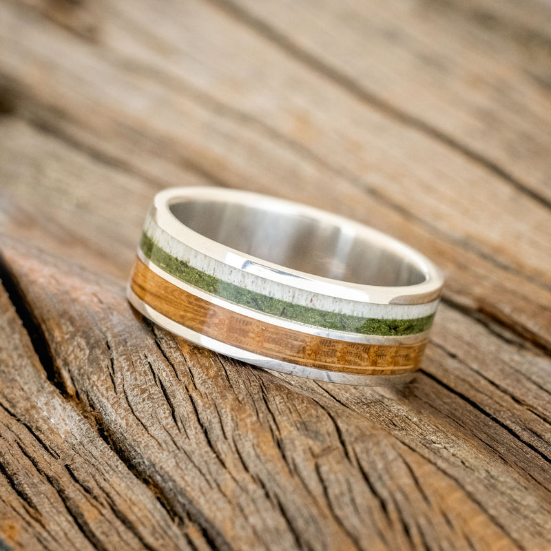 "DYAD" - MOSS, ANTLER & WHISKEY BARREL OAK WEDDING BAND-5