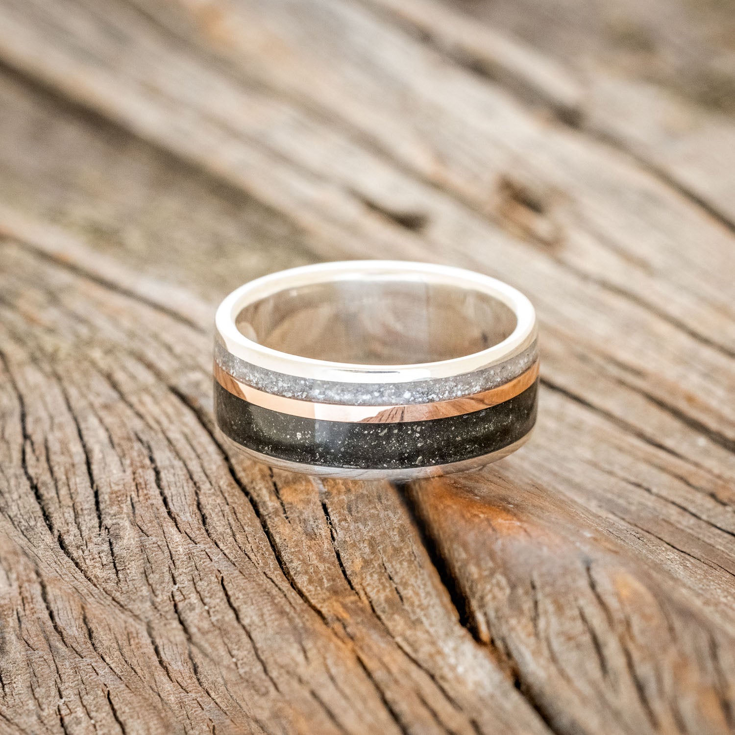 "ELEMENT" - PYRITE, DIAMOND DUST & 14K ROSE GOLD INLAY WEDDING BAND-9