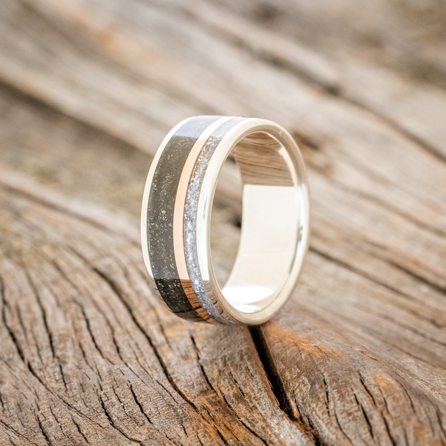 "ELEMENT" - PYRITE, DIAMOND DUST & 14K ROSE GOLD INLAY WEDDING BAND-7