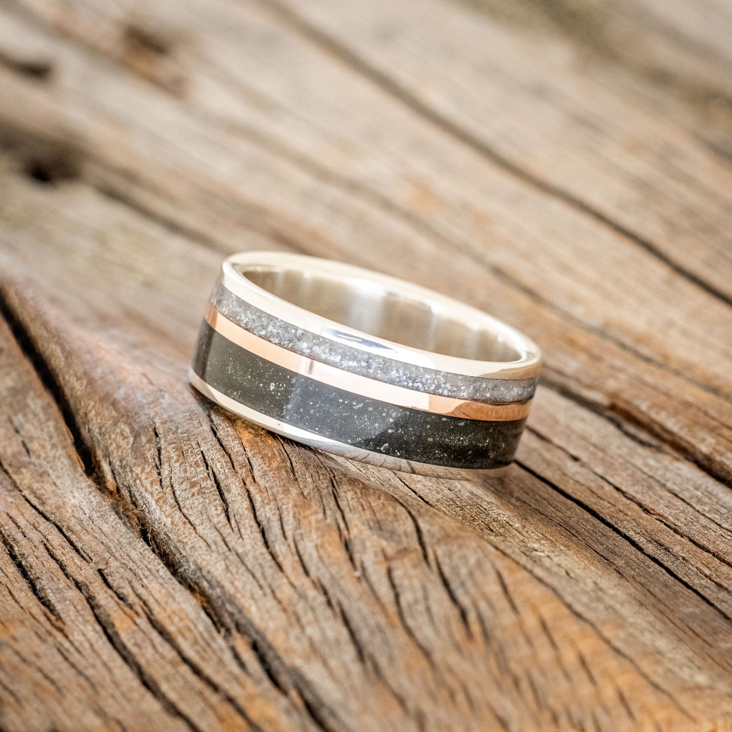 "ELEMENT" - PYRITE, DIAMOND DUST & 14K ROSE GOLD INLAY WEDDING BAND-8