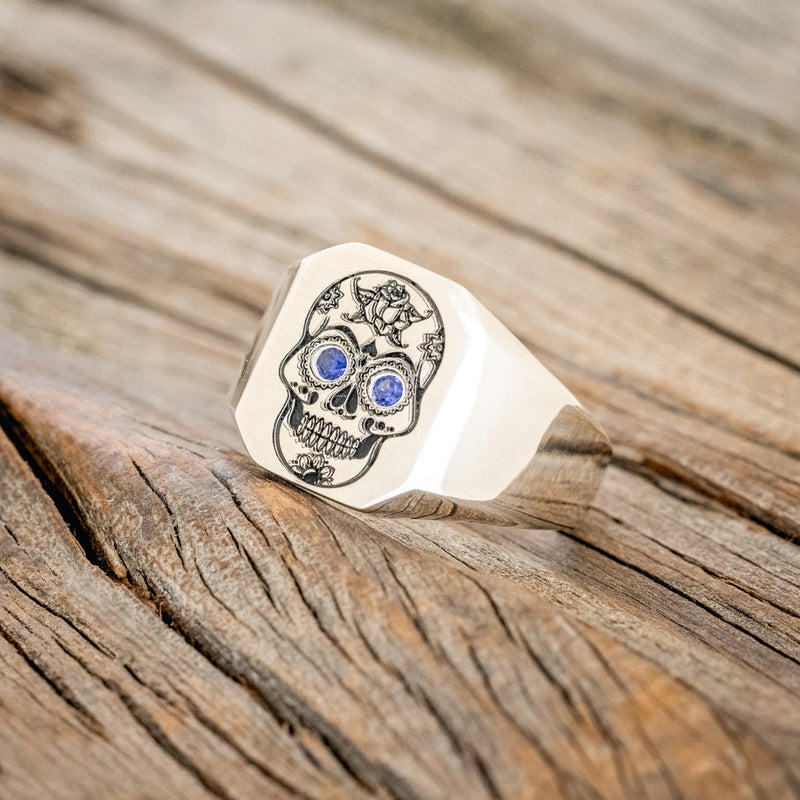 CUSTOM ENGRAVED CALAVERA SIGNET RING WITH SAPPHIRE