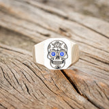 CUSTOM ENGRAVED CALAVERA SIGNET RING WITH SAPPHIRE-1