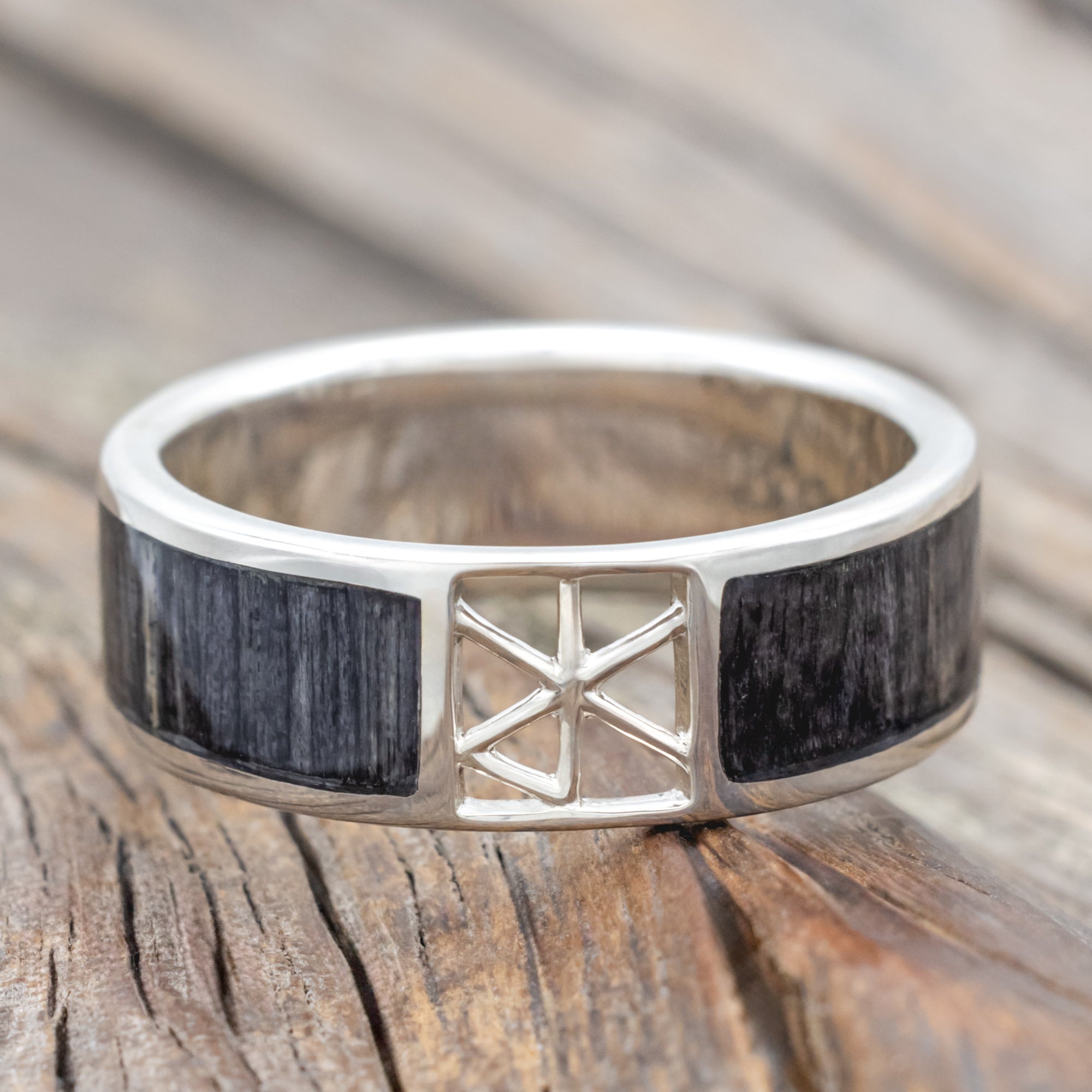 "Erik" - Grey Birch Wood Wedding Band With Love Bind Rune Cutout-Staghead Designs