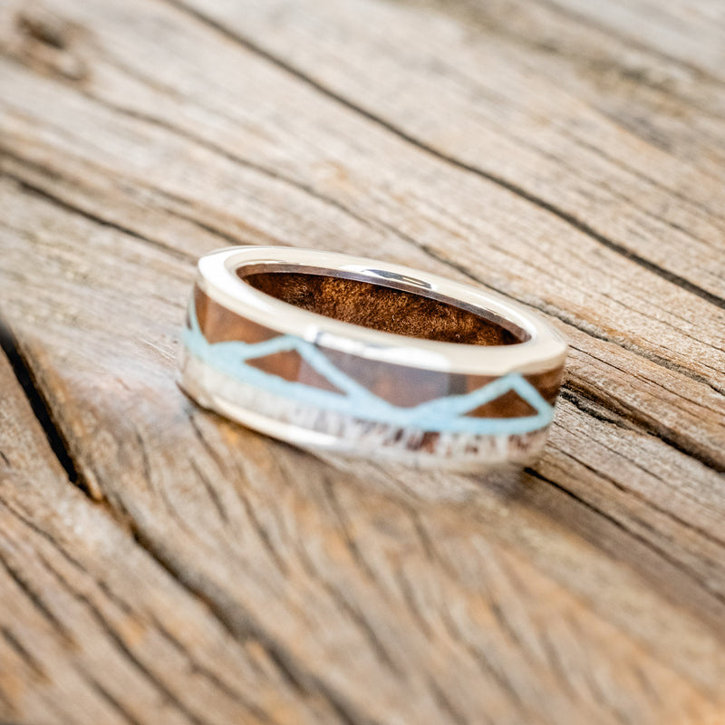 "THE EXPEDITION" - MOUNTAIN ENGRAVED WEDDING RING WITH REDWOOD, TURQUOISE & ANTLER WITH REDWOOD LINING-5