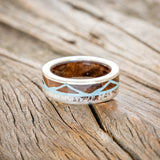 "THE EXPEDITION" - MOUNTAIN ENGRAVED WEDDING RING WITH REDWOOD, TURQUOISE & ANTLER WITH REDWOOD LINING-3