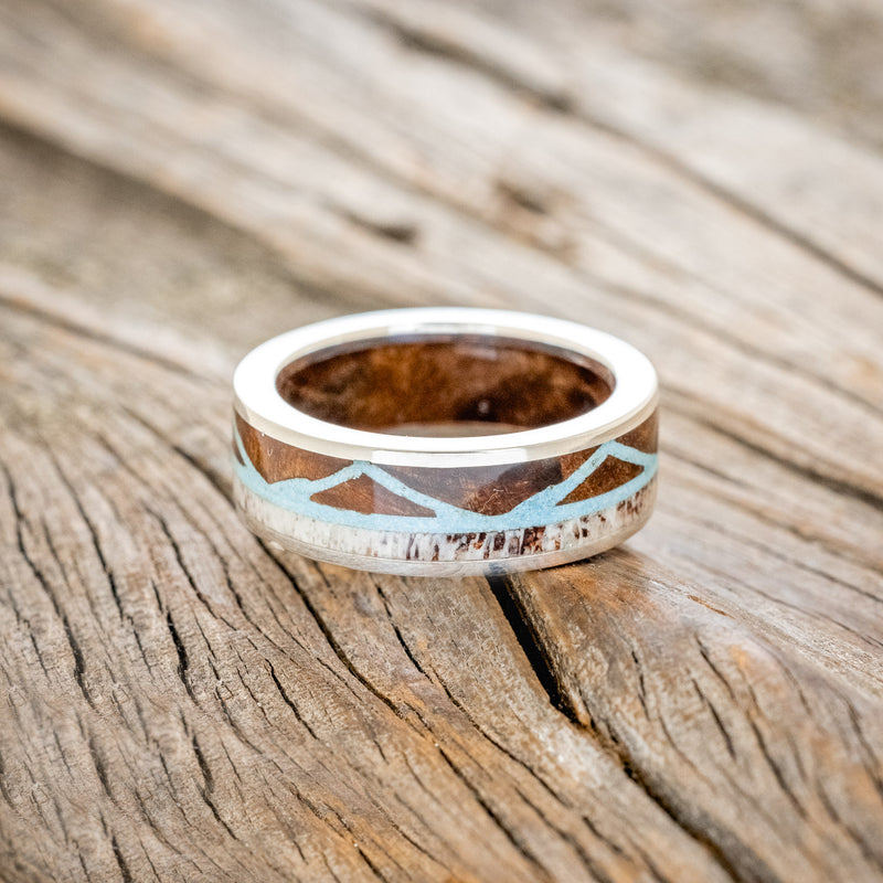 "THE EXPEDITION" - MOUNTAIN ENGRAVED WEDDING RING WITH REDWOOD, TURQUOISE & ANTLER WITH REDWOOD LINING-3