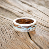 "THE EXPEDITION" - MOUNTAIN ENGRAVED WEDDING RING WITH REDWOOD, TURQUOISE & ANTLER WITH REDWOOD LINING-6