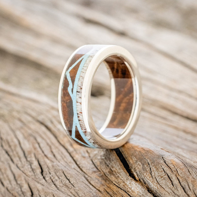 "THE EXPEDITION" - MOUNTAIN ENGRAVED WEDDING RING WITH REDWOOD, TURQUOISE & ANTLER WITH REDWOOD LINING-2