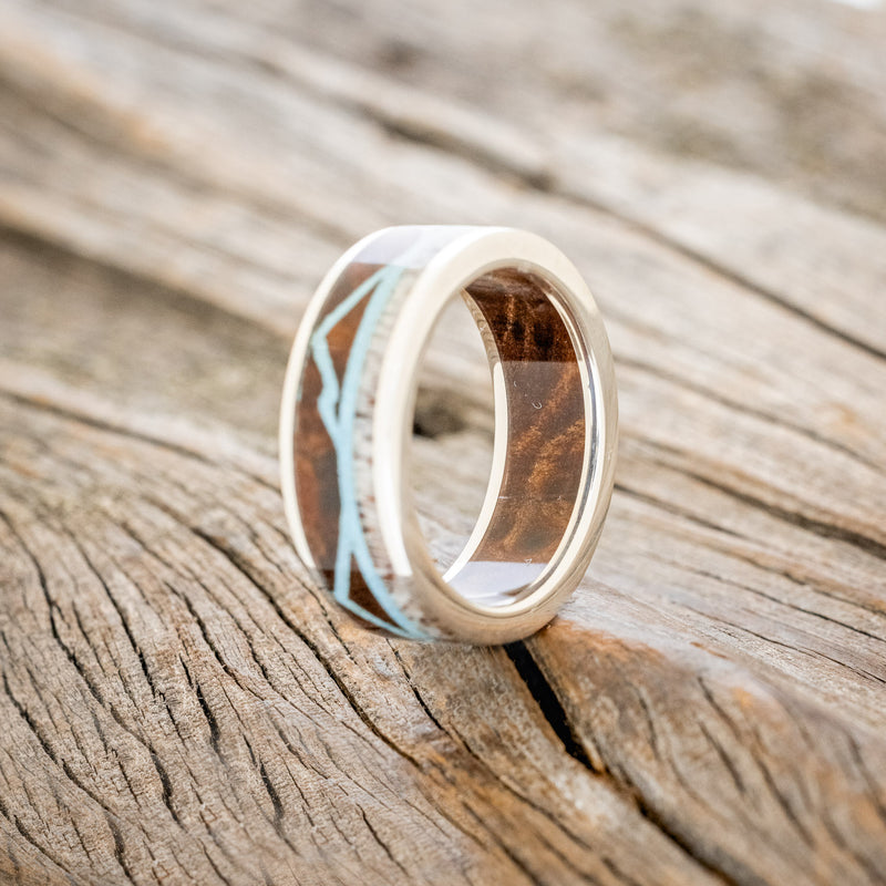 "THE EXPEDITION" - MOUNTAIN ENGRAVED WEDDING RING WITH REDWOOD, TURQUOISE & ANTLER WITH REDWOOD LINING-4