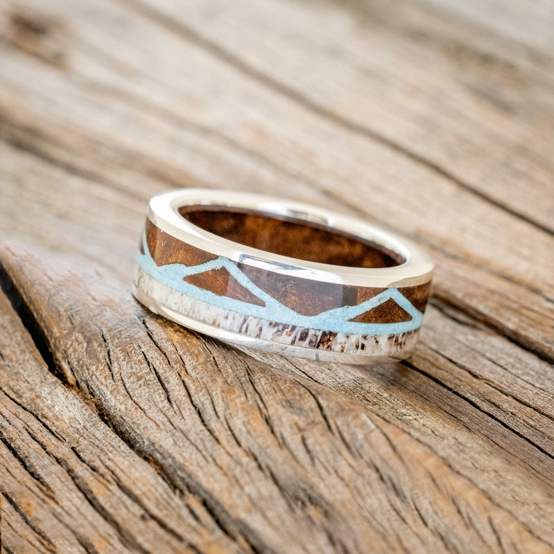 "THE EXPEDITION" - MOUNTAIN ENGRAVED WEDDING RING WITH REDWOOD, TURQUOISE & ANTLER WITH REDWOOD LINING-1