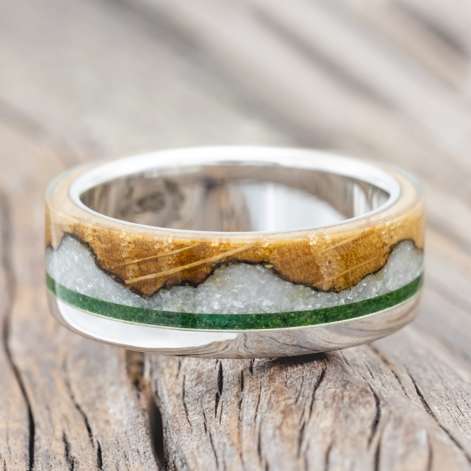 "EZRA" - WHISKEY BARREL OAK WITH DIAMOND DUST & MOSS INLAY WEDDING RING-Staghead Designs