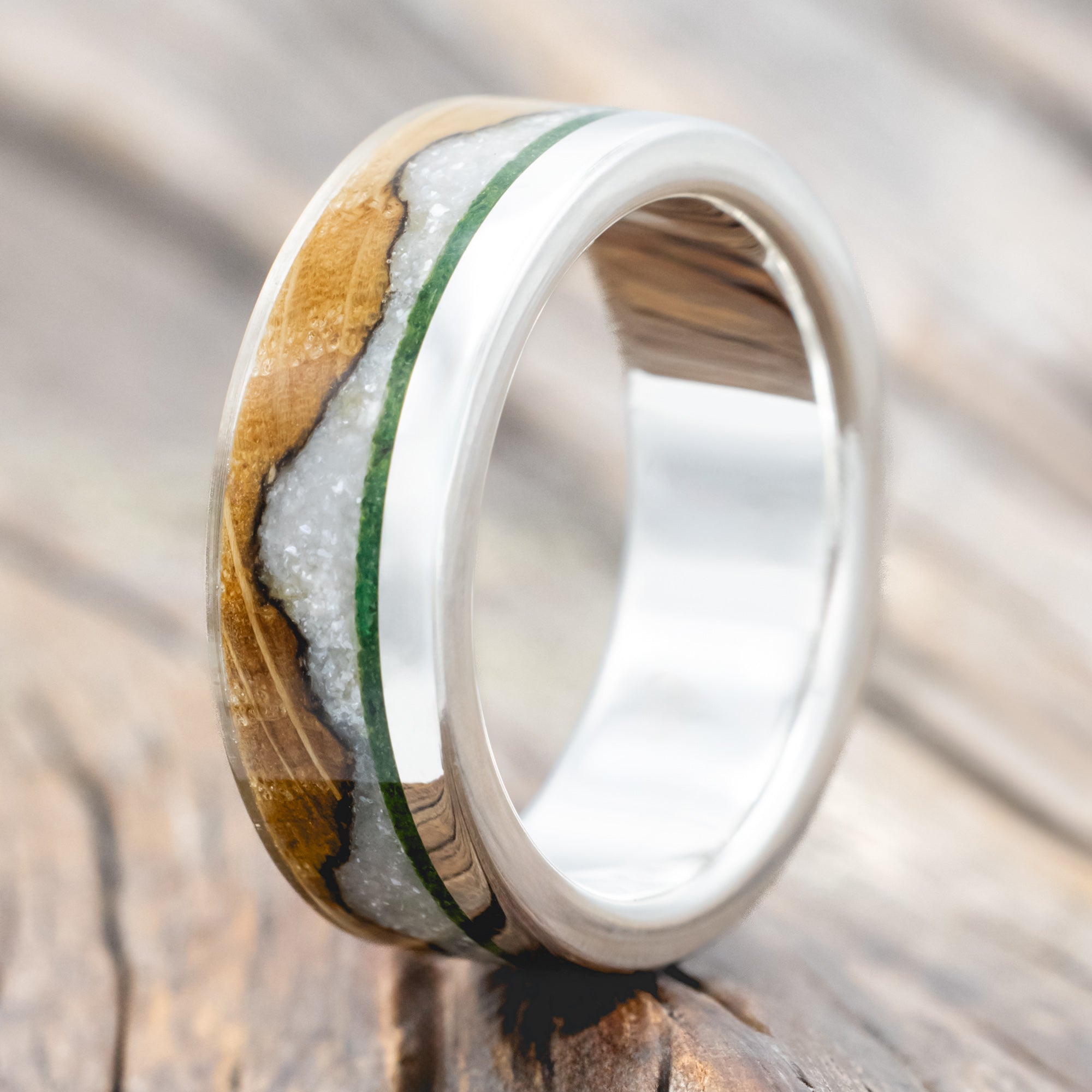 "EZRA" - WHISKEY BARREL OAK WITH DIAMOND DUST & MOSS INLAY WEDDING RING-Staghead Designs