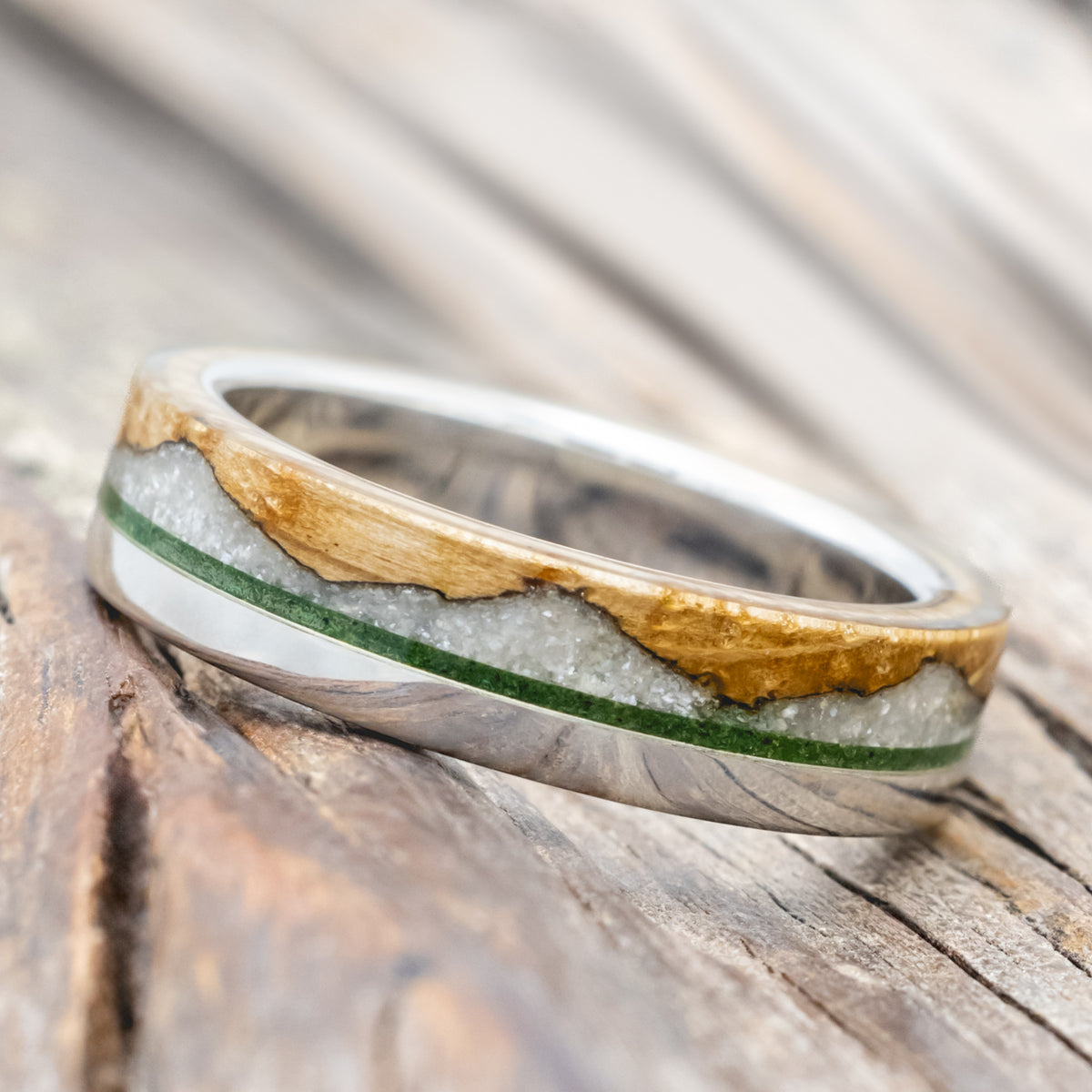 "Ezra" - Whiskey Barrel Oak With Diamond Dust & Moss Inlay Wedding Ring-Staghead Designs