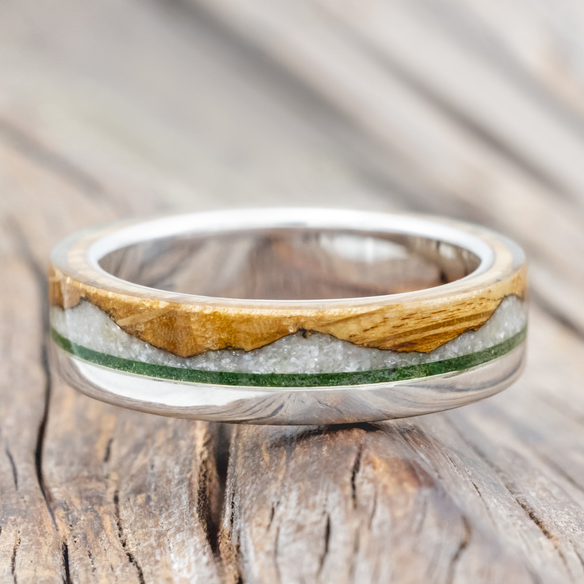 "EZRA" - WHISKEY BARREL OAK WITH DIAMOND DUST & MOSS INLAY WEDDING RING-Staghead Designs