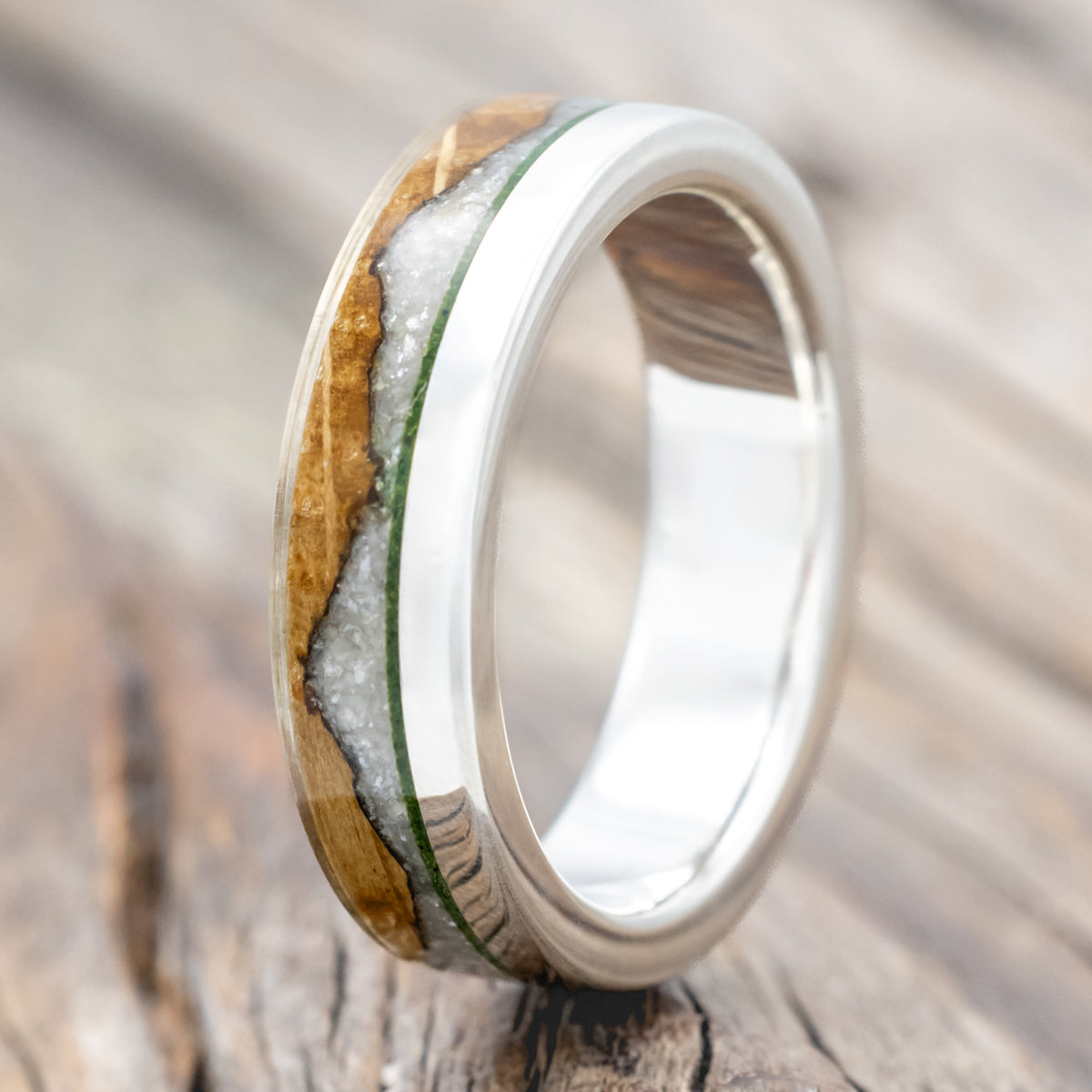 "Ezra" - Whiskey Barrel Oak With Diamond Dust & Moss Inlay Wedding Ring-Staghead Designs