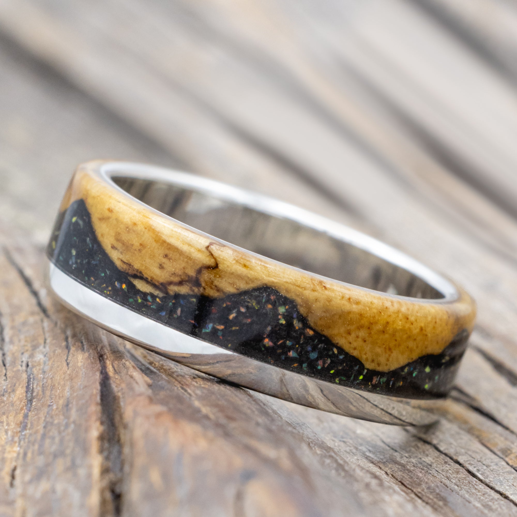 "Ezra" - Spalted Maple With Jet Stone & Opal Mix Wedding Band-Staghead Designs