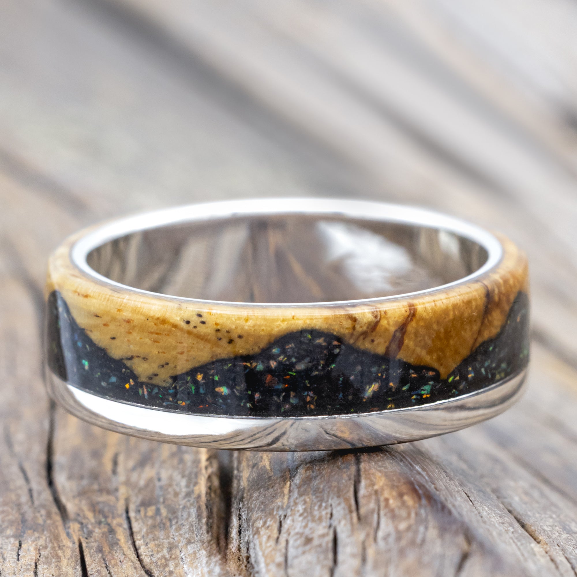 "Ezra" - Spalted Maple With Jet Stone & Opal Mix Wedding Band-Staghead Designs