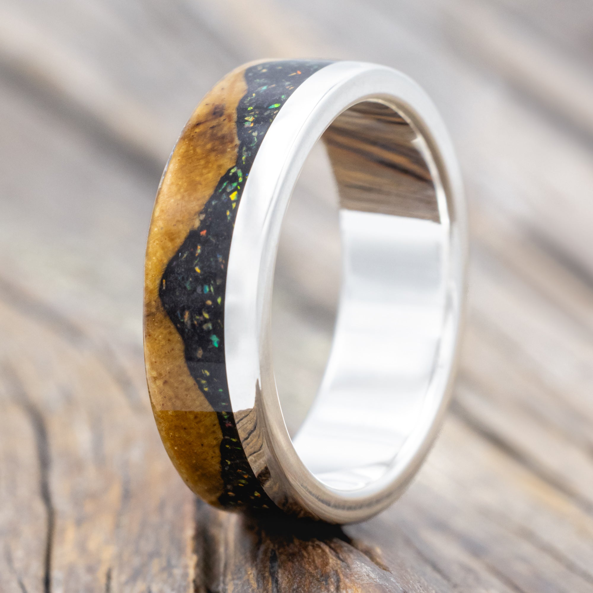 "Ezra" - Spalted Maple With Jet Stone & Opal Mix Wedding Band-Staghead Designs
