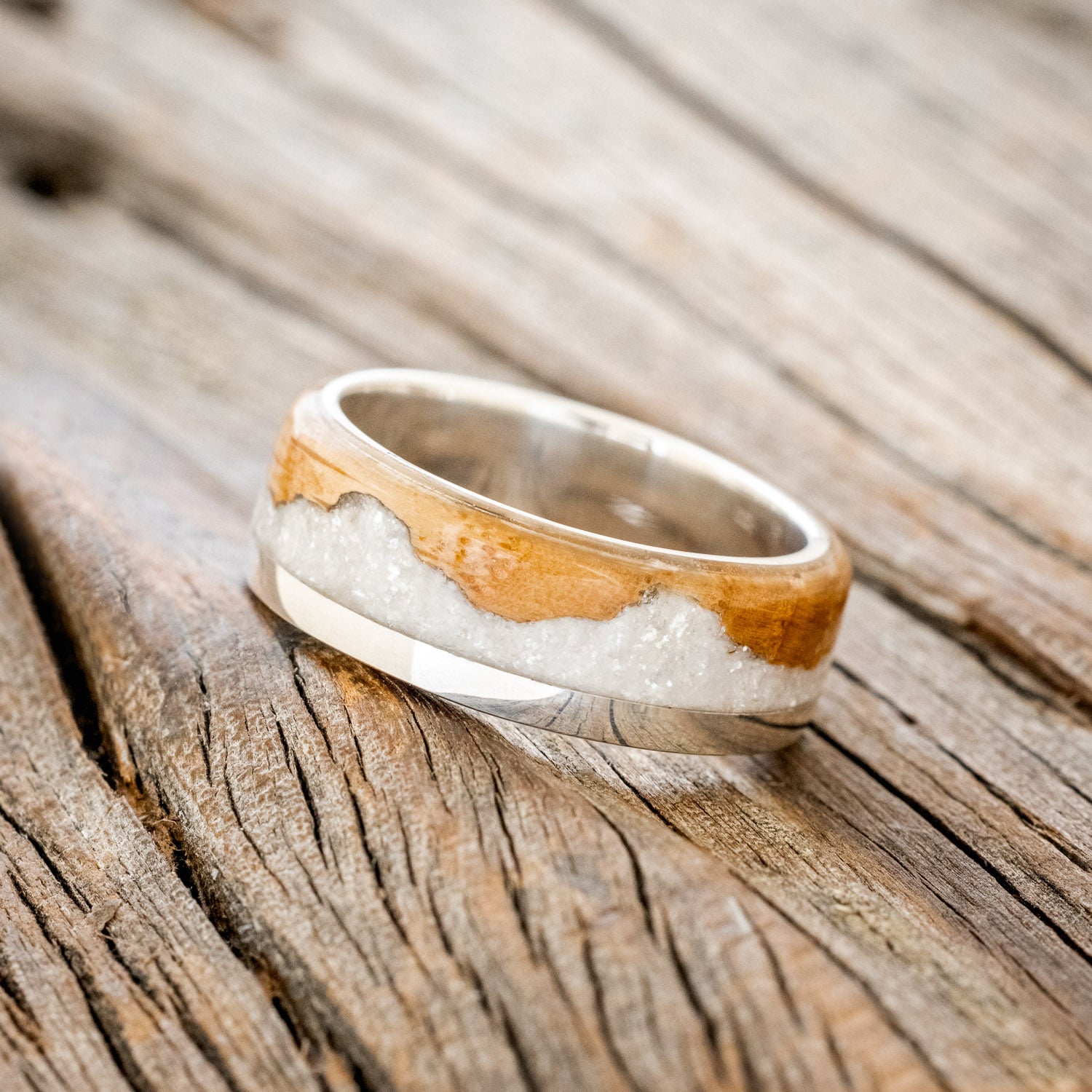 "EZRA" - WHISKEY BARREL OAK WITH DIAMOND DUST WEDDING RING-11