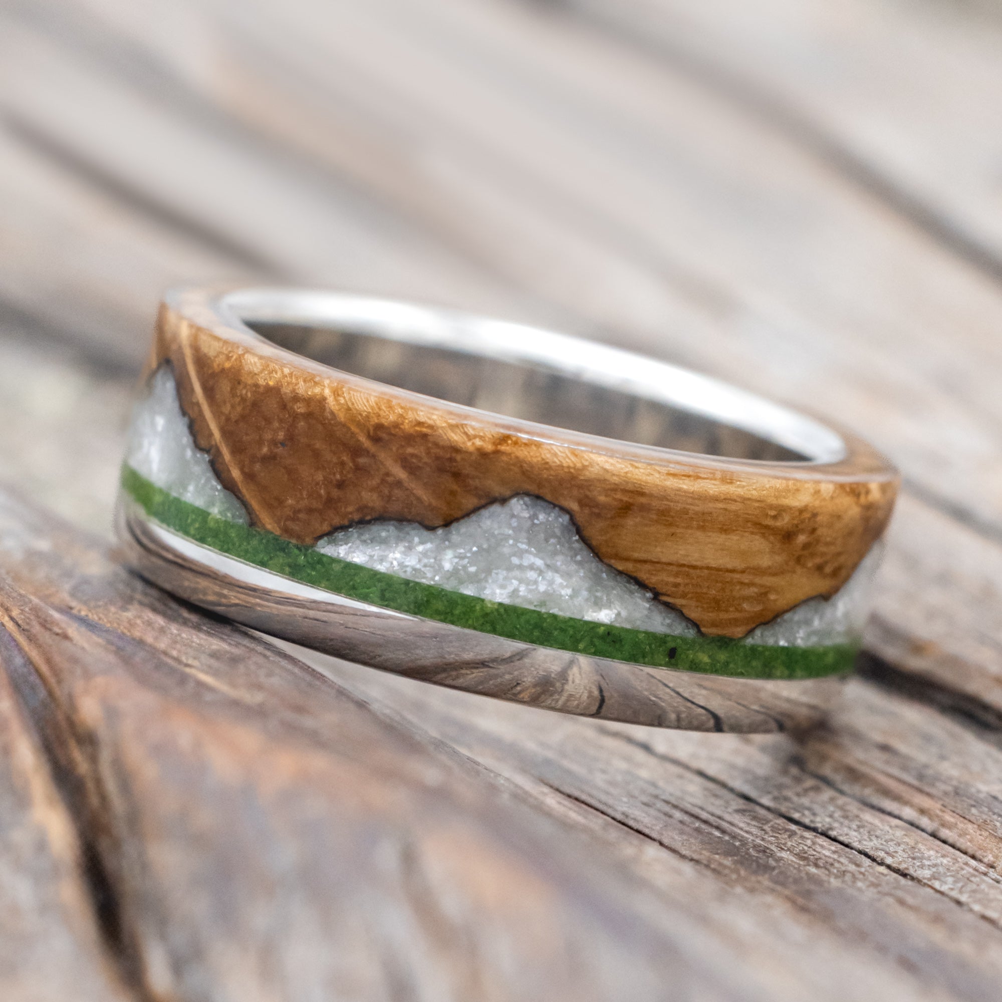 "EZRA" - WHISKEY BARREL OAK WITH DIAMOND DUST & MOSS INLAY WEDDING RING-Staghead Designs