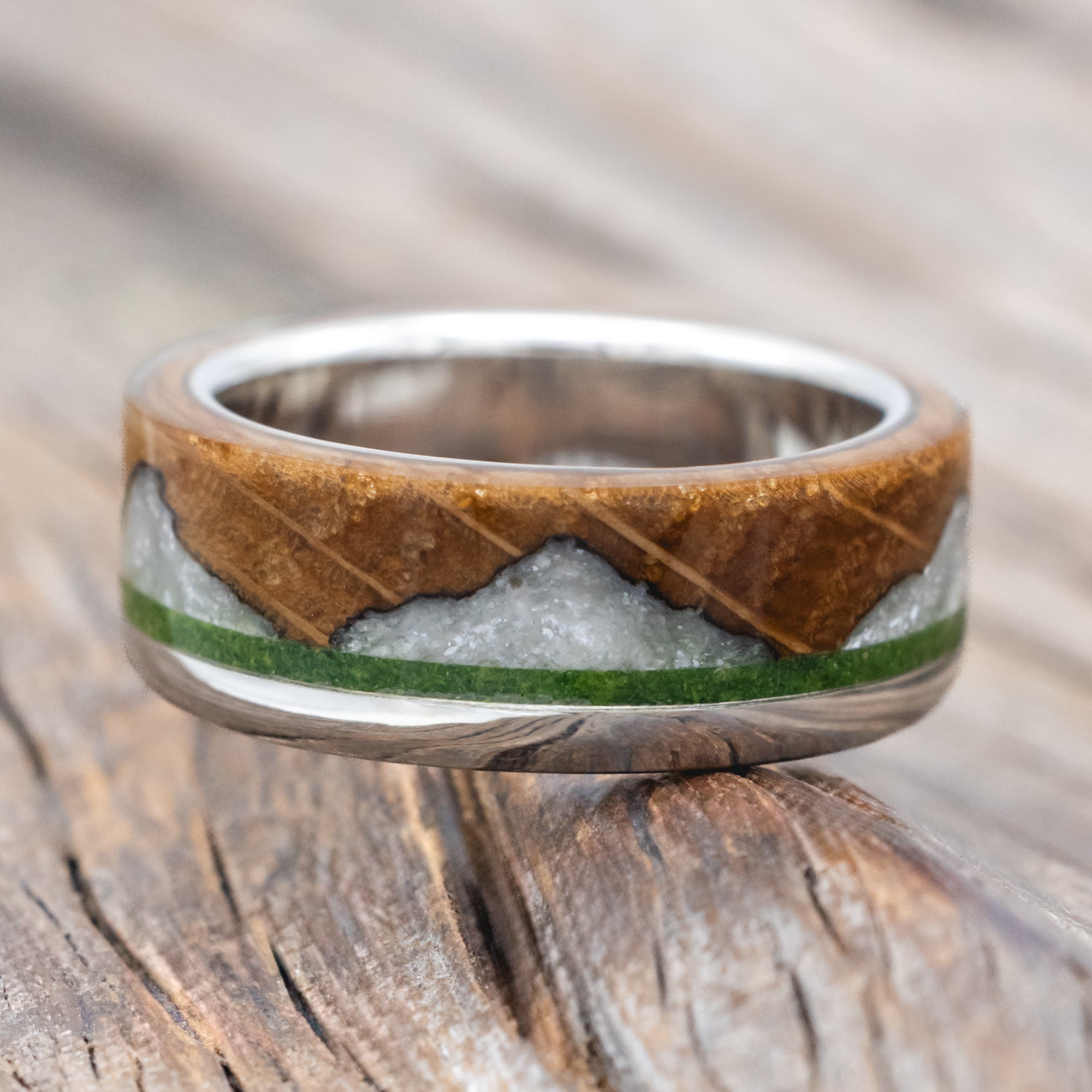 "EZRA" - WHISKEY BARREL OAK WITH DIAMOND DUST & MOSS INLAY WEDDING RING-Staghead Designs